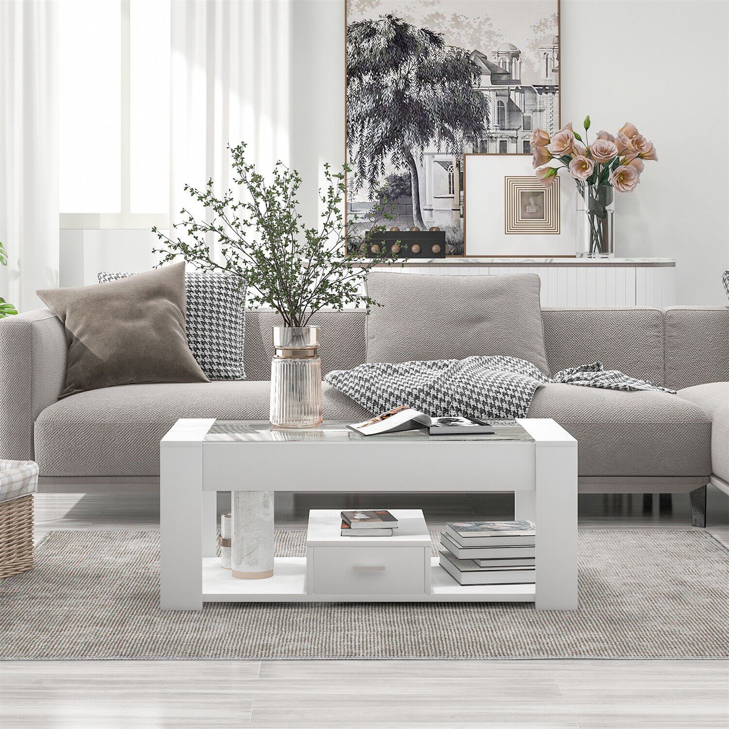 Weiß Glasplatte Stauraum Tischsitz mit Couchtisch Wohnzimmer DOTMALL