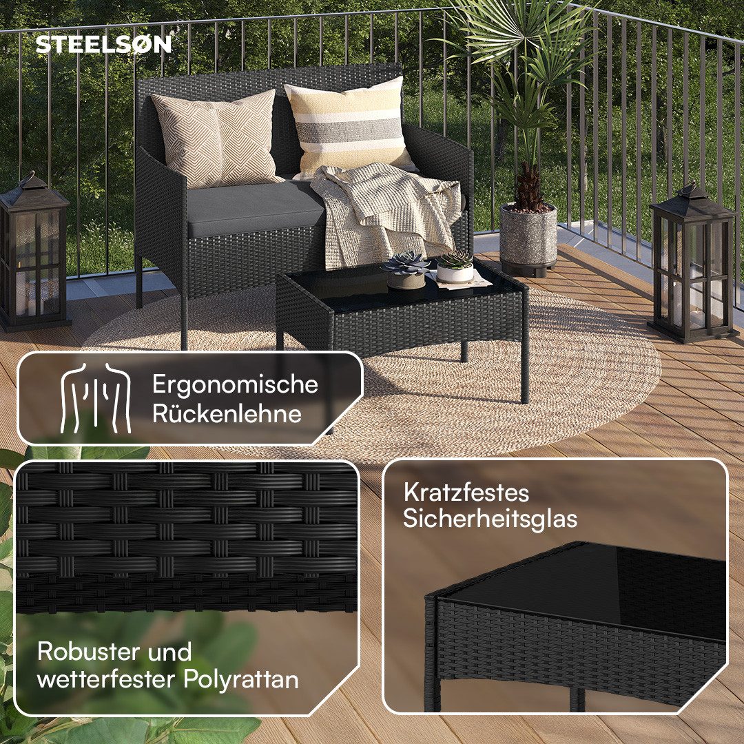 STEELSØN Gartenlounge-Set Thalora, (4-er Set, 1x Sofa, 2x Stuhl, 1x Tisch), Polyrattan Gartenmöbel Set, verschiedene Ausführungen