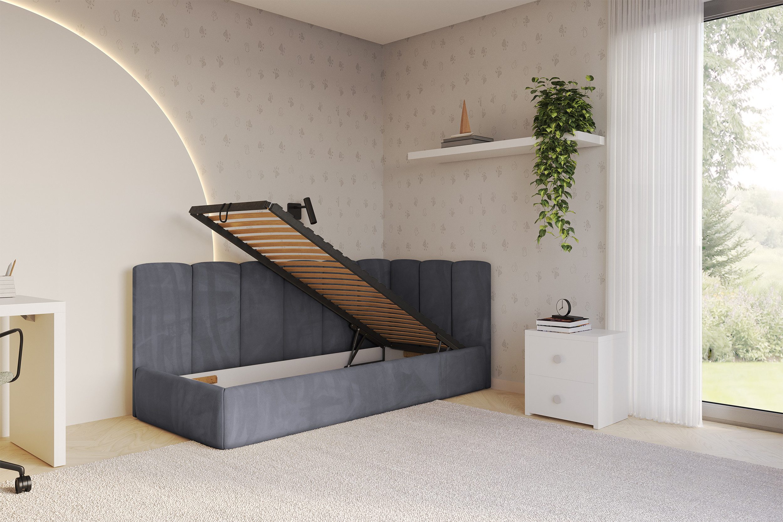 ALTDECOR Jugendbett DEXY (Jugendbett mit Bettkasten und Lattenrost, Polsterbett ohne Matratze), Einzelbett mit Stauraum, Bett mit Kopfteil
