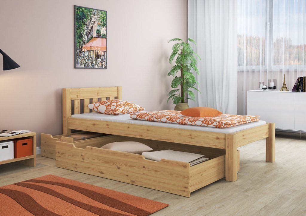 Kiefer Rost Massivholz Einzelbett und 100x200 Matratze, ERST-HOLZ Kieferfarblos lackiert Bett mit