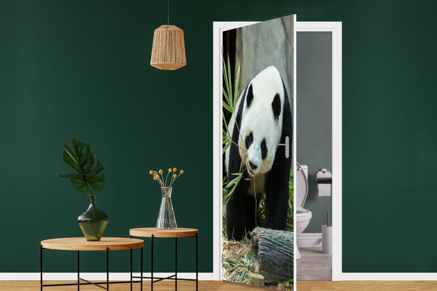 Fototapete Höhle, - Türtapete - cm MuchoWow Panda (1 Matt, für bedruckt, Tür, St), Türaufkleber, 75x205 Baumstamm