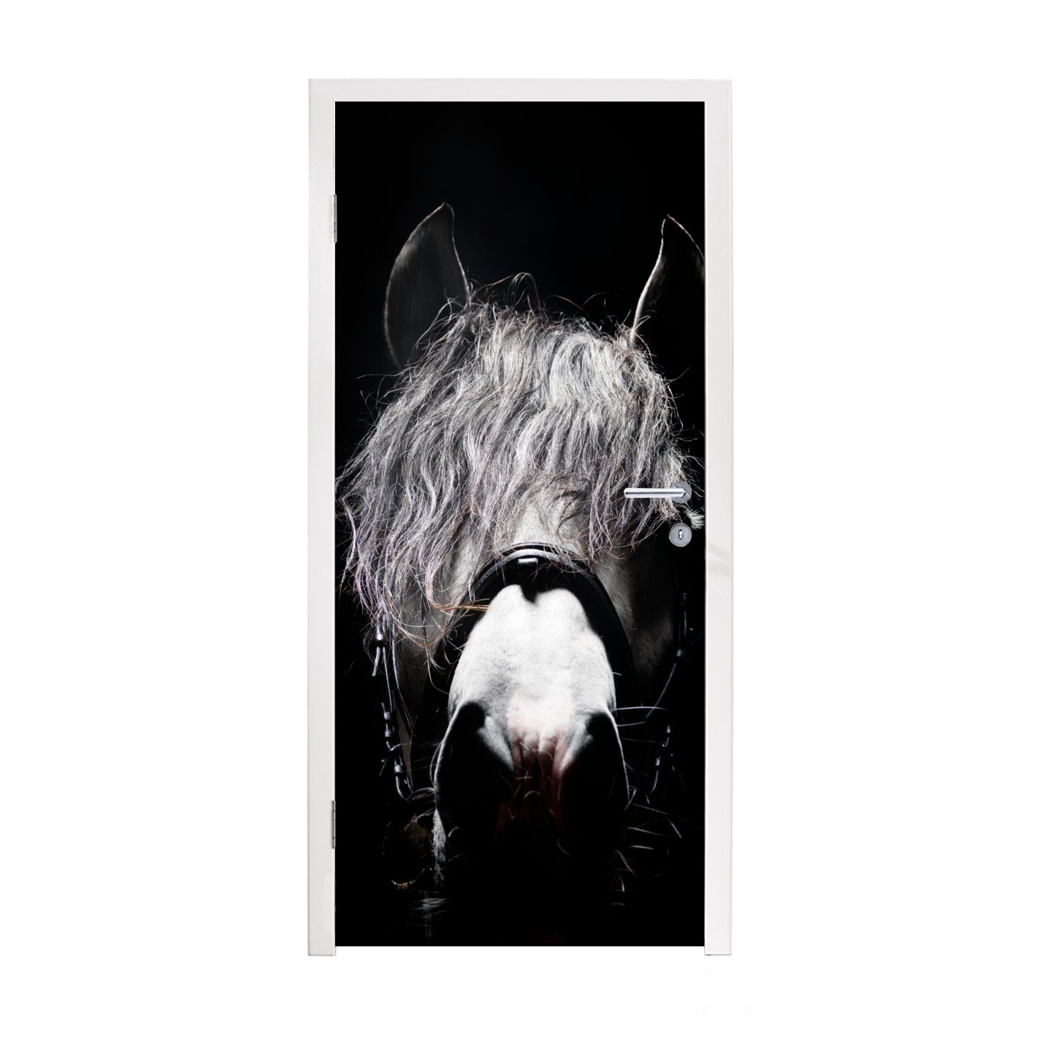 MuchoWow Türtapete Pferd - Porträt - Schwarz - Weiß, Matt, bedruckt, (1 St), Fototapete für Tür, Türaufkleber, 75x205 cm