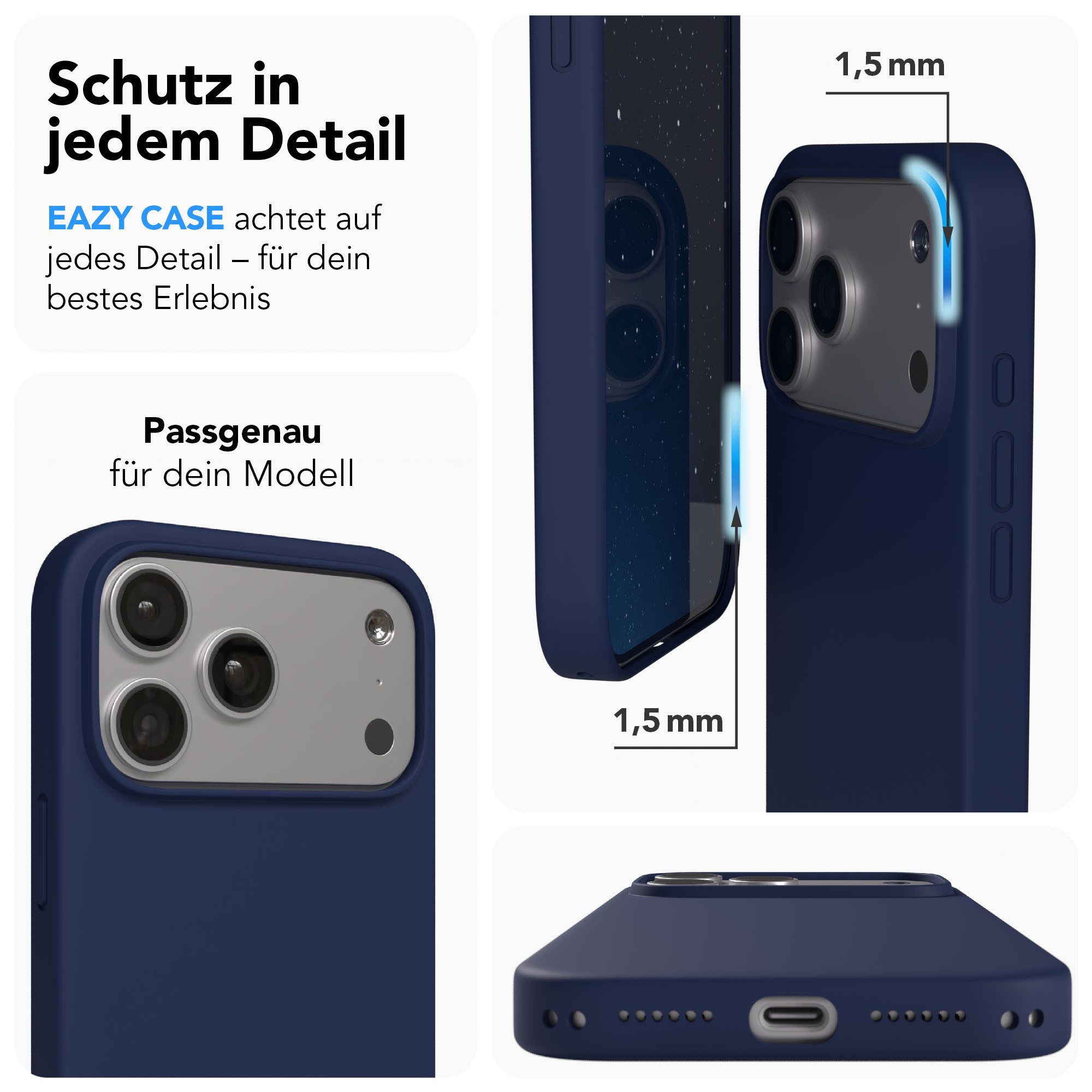 EAZY CASE Handyhülle für Apple iPhone 17 Pro Max Hülle Silikon 6,9 Zoll, Handy Softcase Hülle Silikon mit Displayschutz Case Blau / Nachtblau