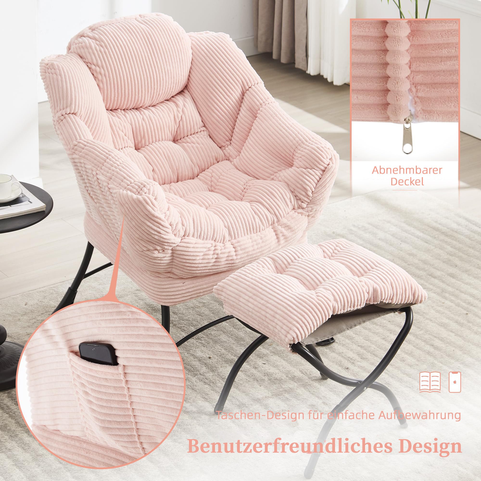 LVHOM Loungesessel Relaxsessel mit Hocker: Verbreitert/Sanftes Design,praktische Ergonomie (Gemütliche, extraweiche Polsterung, rutschfeste Schutzfüße, ergonomi – Bild 4 von 5
