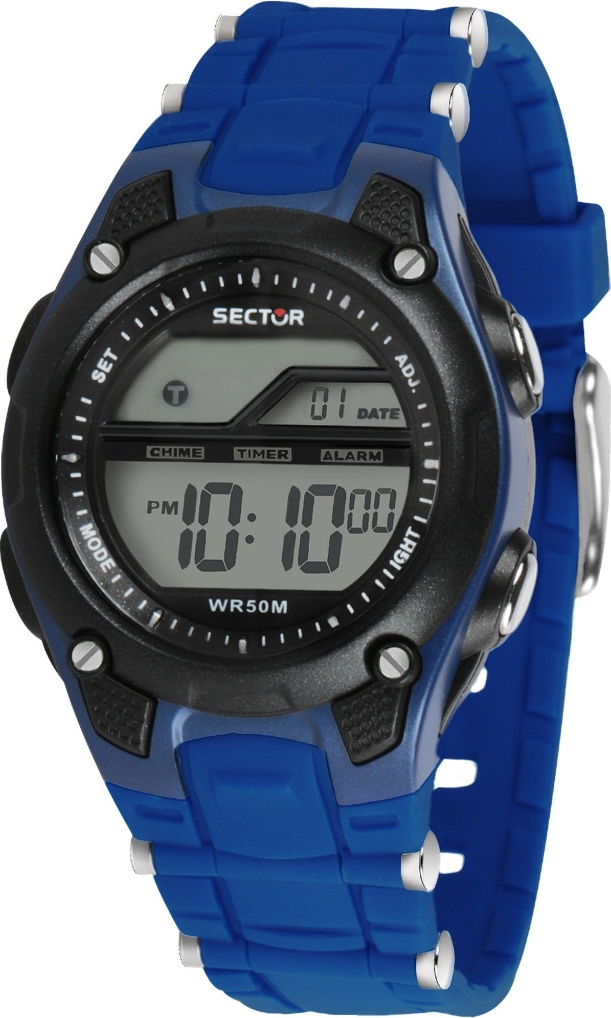 Sector Digitaluhr Sector Herren Armbanduhr Digital, Herren Armbanduhr rund, groß (ca. 45mm) Kautschukarmband blau, Casual
