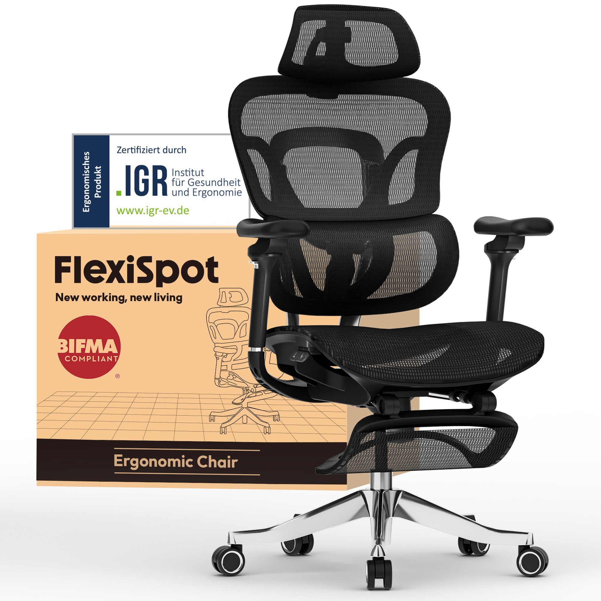 FLEXISPOT Bürostuhl ErgoX, Schreibtischstuhl Premium Ergonomischer (MIT Fußstütze, 5D Armlehnen & 4D Kopfstütze, 5D-verstellbare Rückenlehne), für Büroarbeit, Home Office und Gaming, 300KG Tragkraft