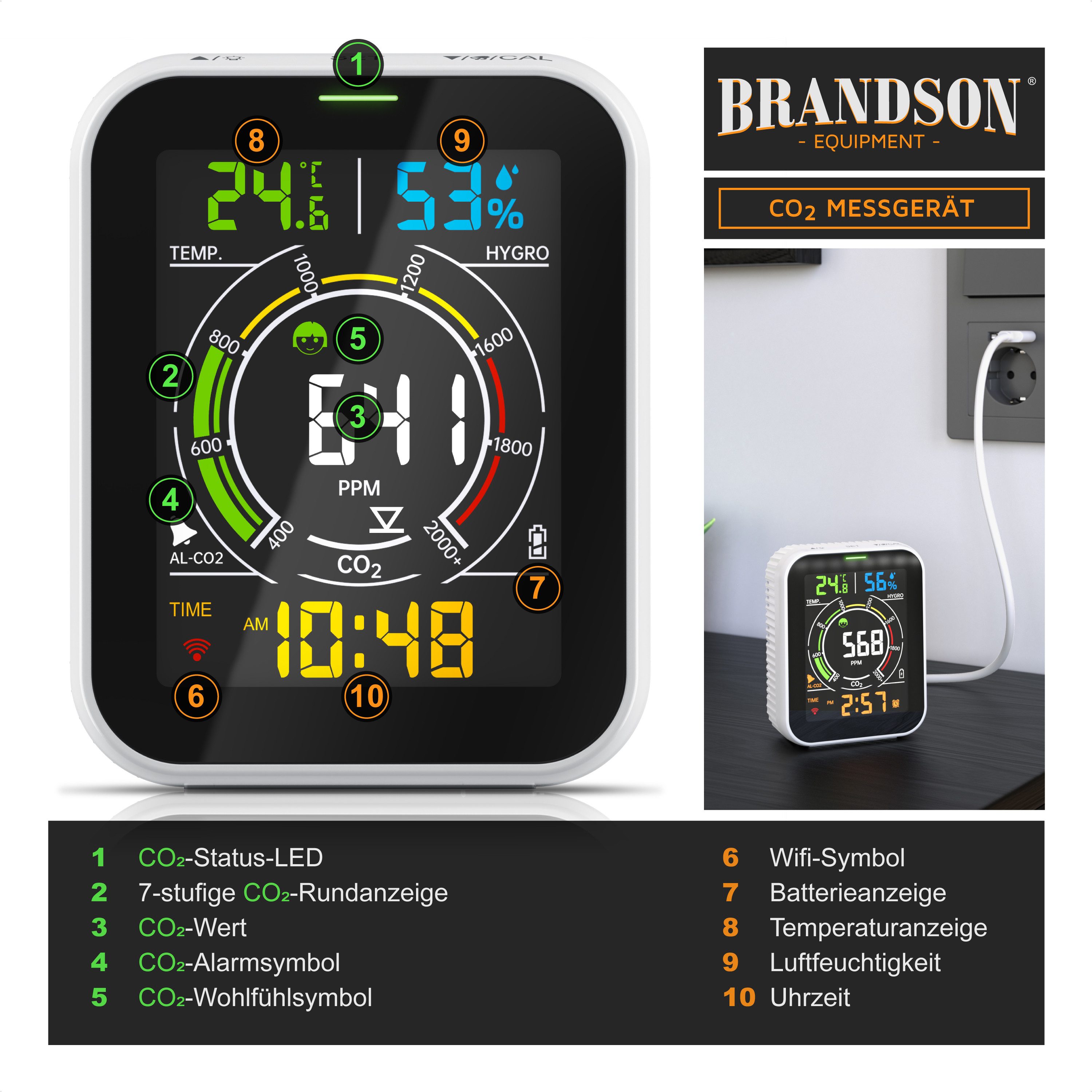 Brandson Raumluft-Qualitätssensor CO2-Messgerät, Luftqualitätsprüfer WLAN, App, Kohlenstoffdioxid Sensor, (1-St), Raumluft Lüftungsempfehlung, Temperatur/Luftfeuchtigkeit, Weckfunktion