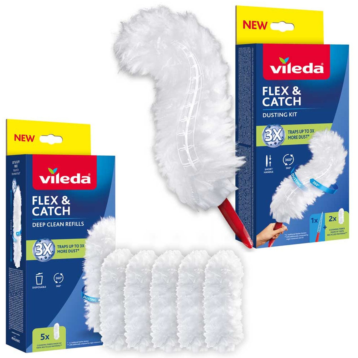 Vileda Staubwedel Flex Catch 7 Ersätzen, 7 Nachfüllpackungen (2 im Set mit Staubwedel + 5er-Packung)