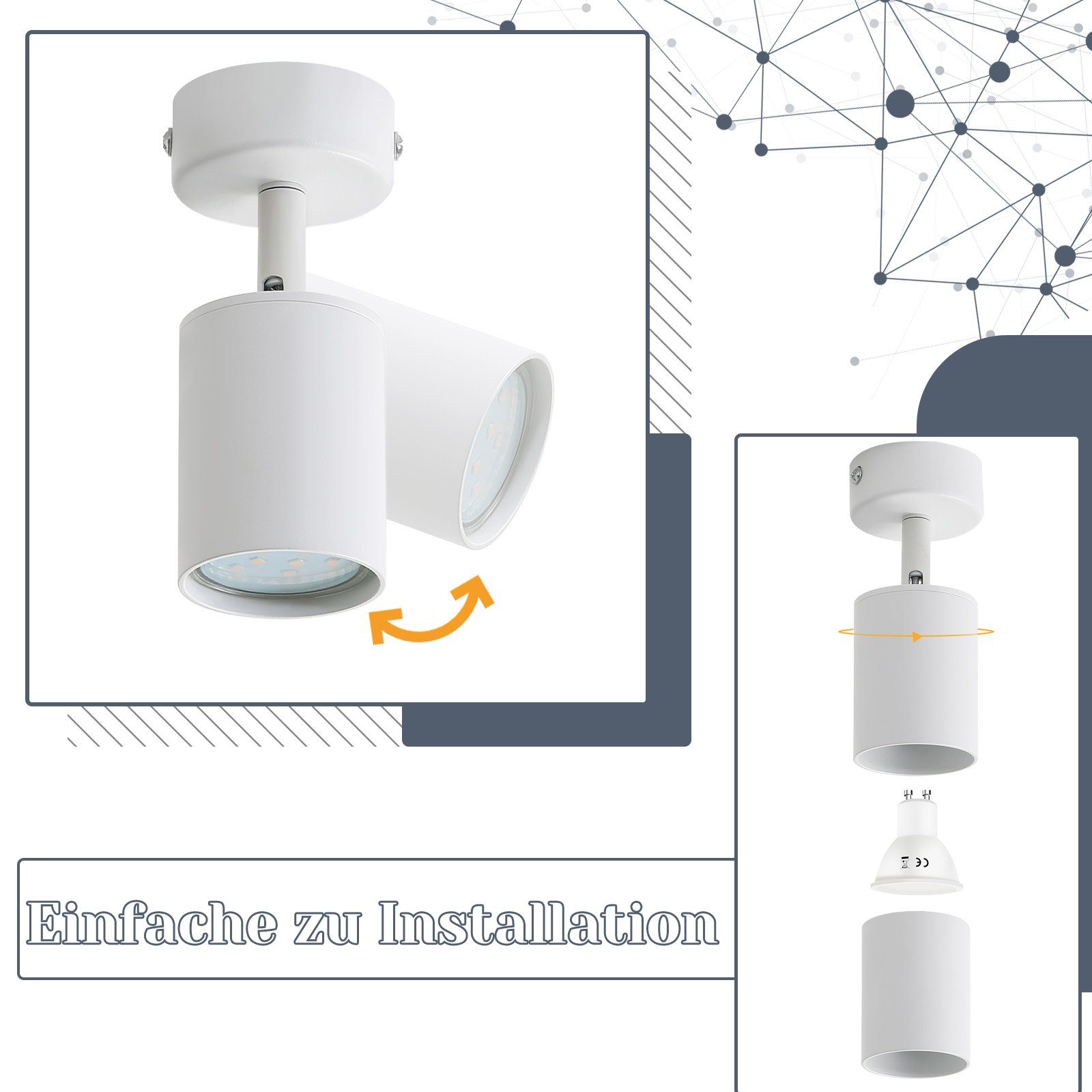 ZMH LED Deckenstrahler Weiß LED Deckenlampe Spots, Modern integriert, GU10 LED Industrial Wandstrahler Flurlampe 1 Flammig Deckenspots fest für Deckenstrahler: Wohnzimmer