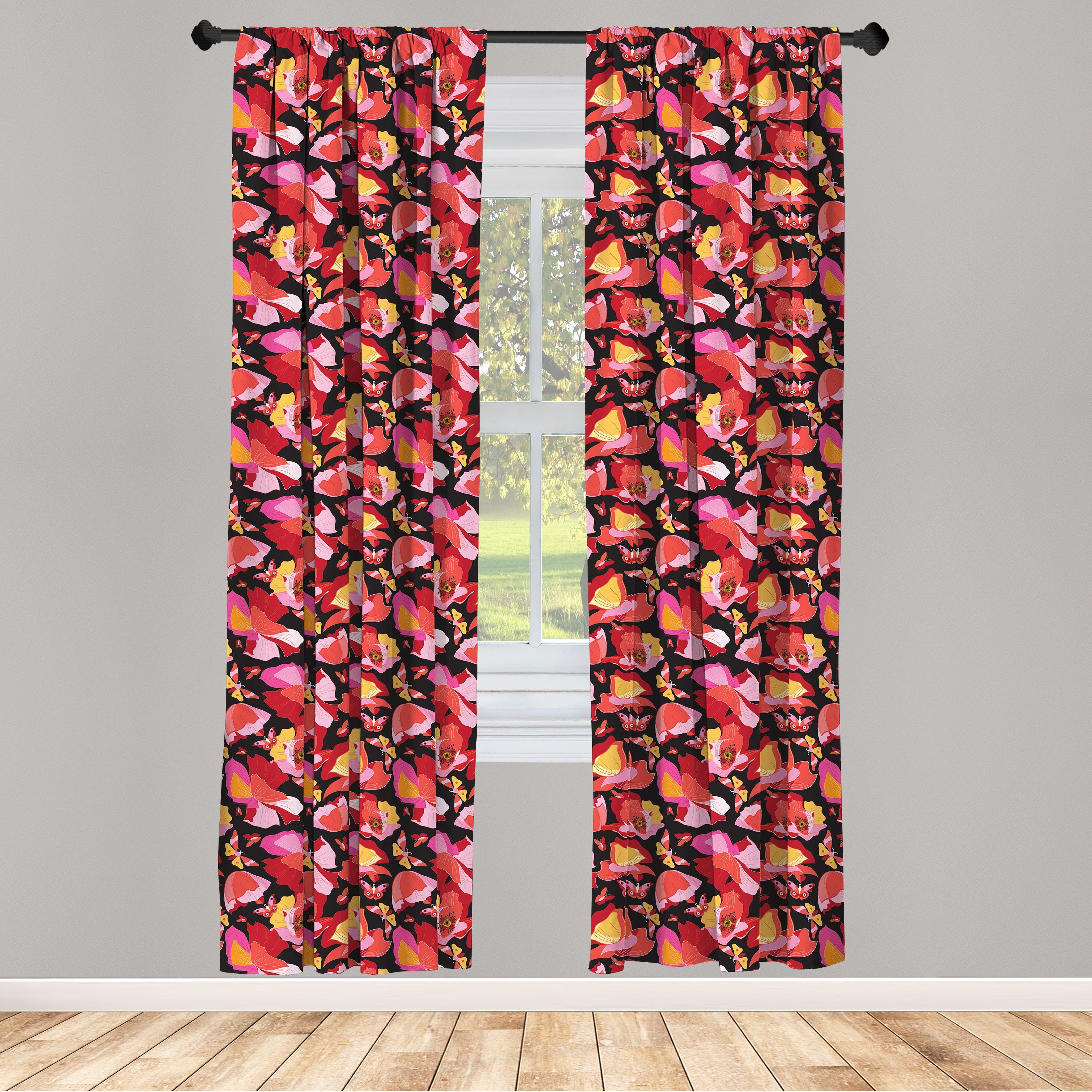 Gardine Vorhang für Wohnzimmer Schlafzimmer Dekor, Abakuhaus, Microfaser, Mohn Blüten Schmetterlinge