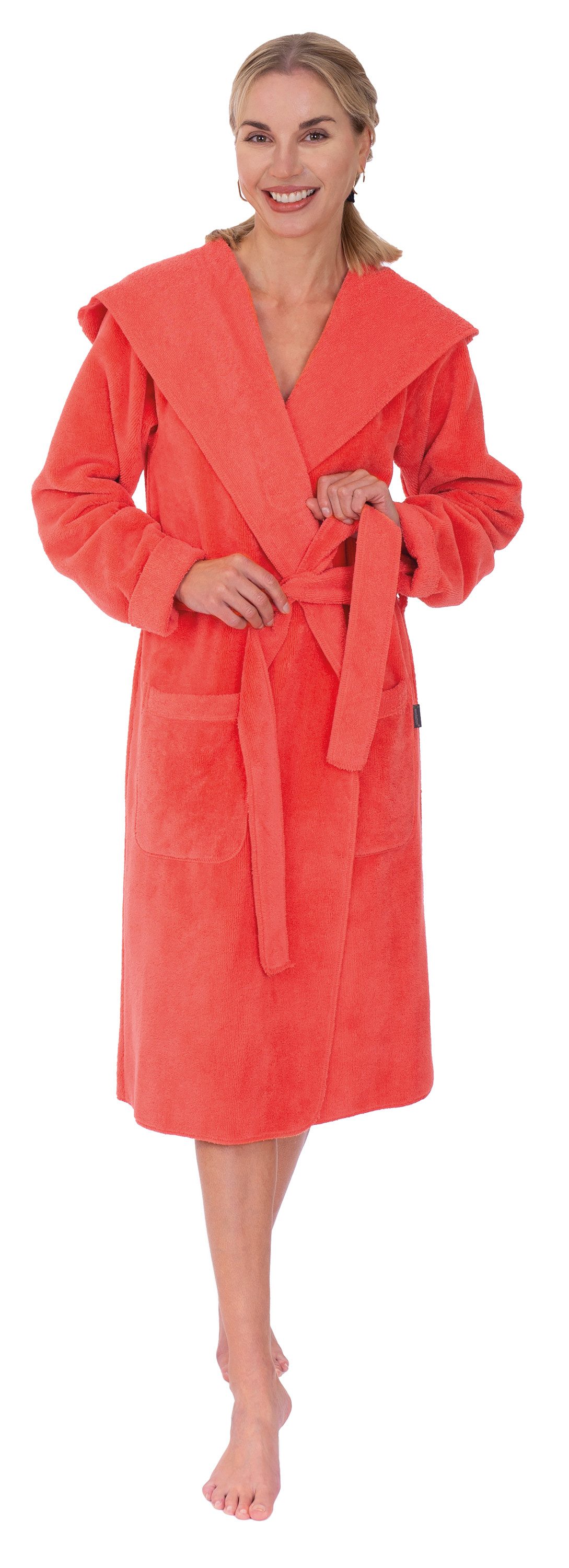 Wewo fashion Damenbademantel 6124, Midilänge, Baumwoll-Mix, Kapuze, Gürtel, Overlook-Naht