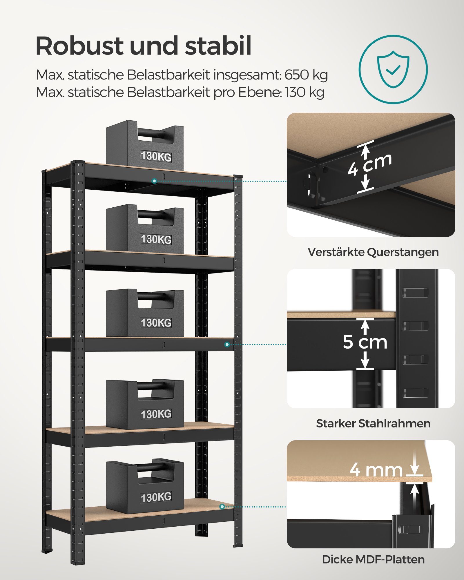 SONGMICS Schwerlastregal Lagerregale, 2-tlg., 30 x 75 x 150 cm, bis 650 kg belastbar, 5 verstellbare Ablagen