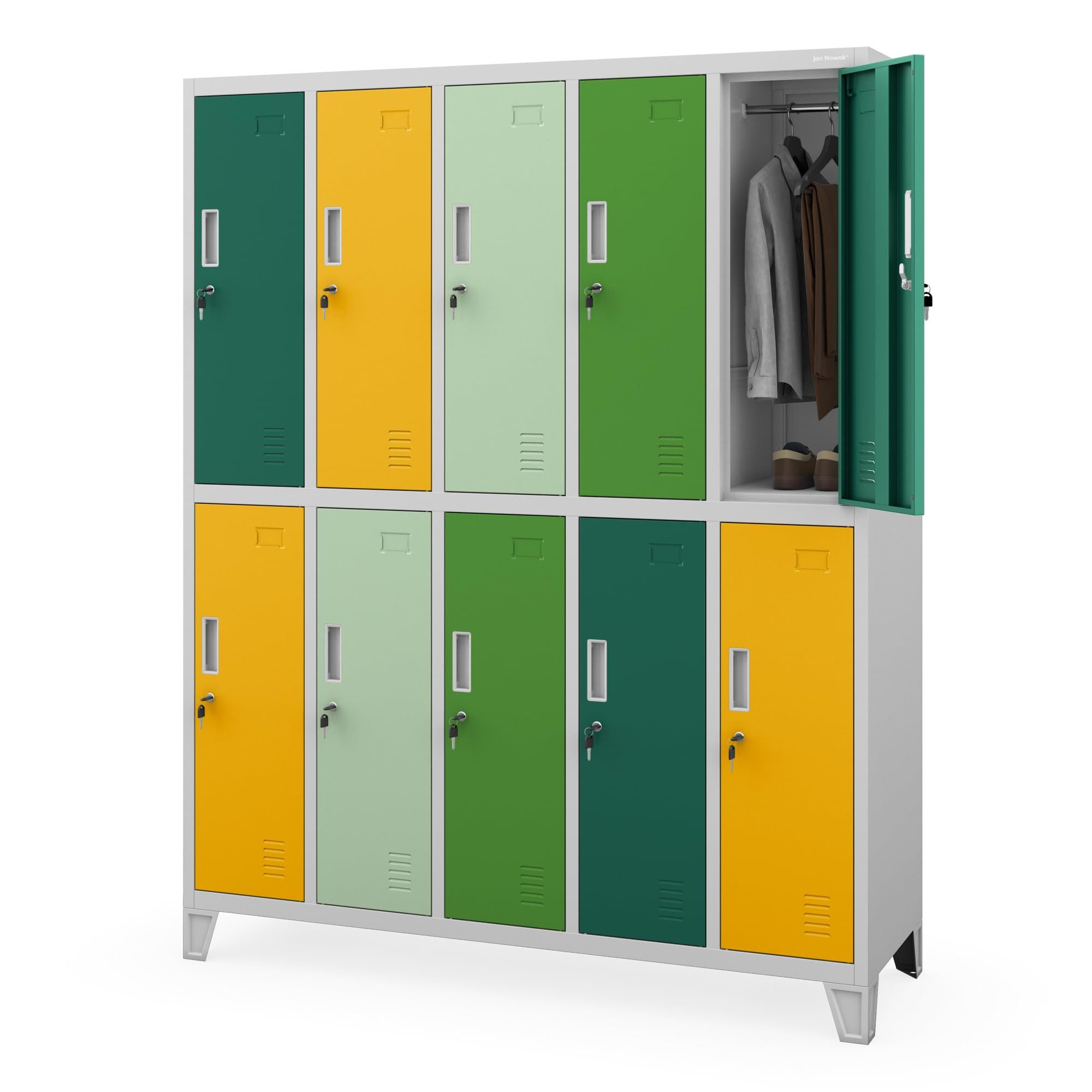 Jan Nowak Mehrzweckschrank Metall Kleiderspind 136 cm BARTEK 10 Fächer abschließbar 172 cm (Umkleideschrank BHP Arbeitsraum Produktion Magazin Sozialraum, 0,6 mm 172 x 136 x 45 cm Wandmontage Kleiderstange 30 kg 66 kg) Lüftungsschlitze Namensschildhalter USB-Montage möglich 18 Farben