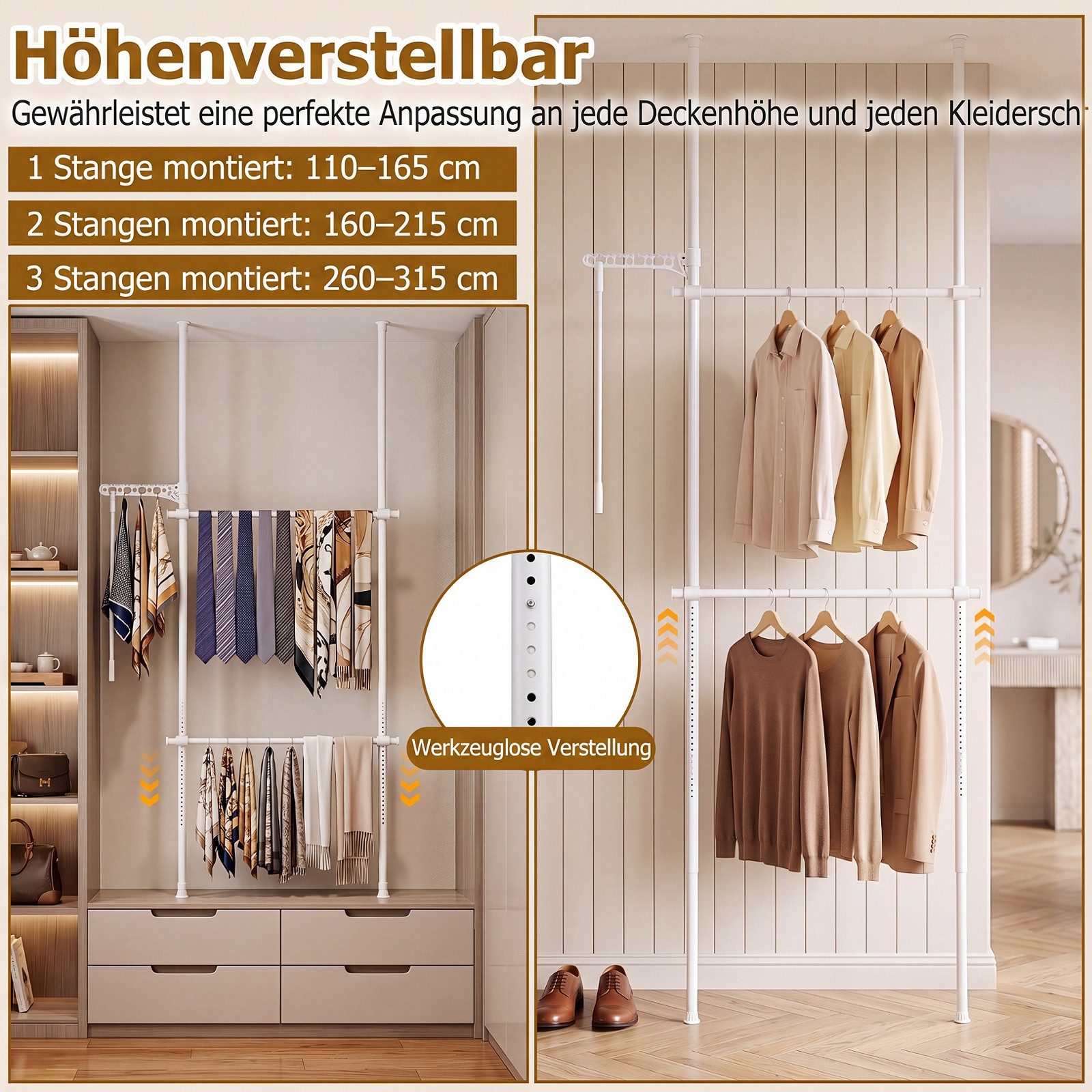 COSTWAY Kleiderständer Teleskopregal ohne Bohren Metall höhenverstellbar, 76-129 x 110-315 cm – Bild 3 von 5