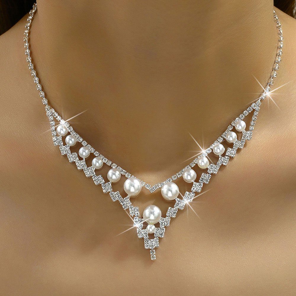 AUzzO~ Schmuckset Halskette für Strass-Set Bräute Schmuckset Ohrringe Accessoires Damenschmuck Hochzeits, 2-tlg