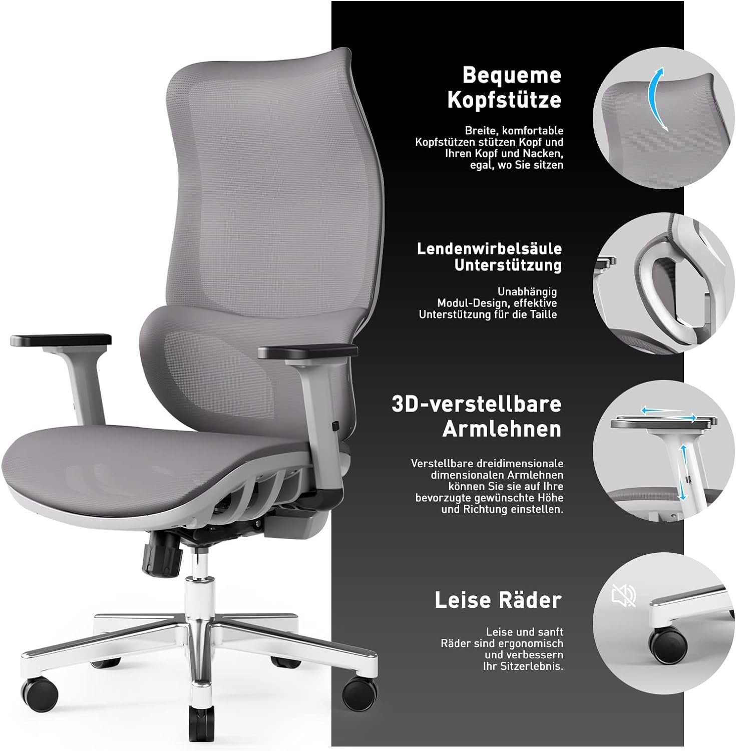 Joyfill Bürostuhl (Ergonomischer Schreibtischstuhl Atmungsaktiver Verstellbarer Sitz), mit 200kg PC-Stuhl 3D-Armlehne mit Bürostuhl, Computerstuhl Kopfstütze