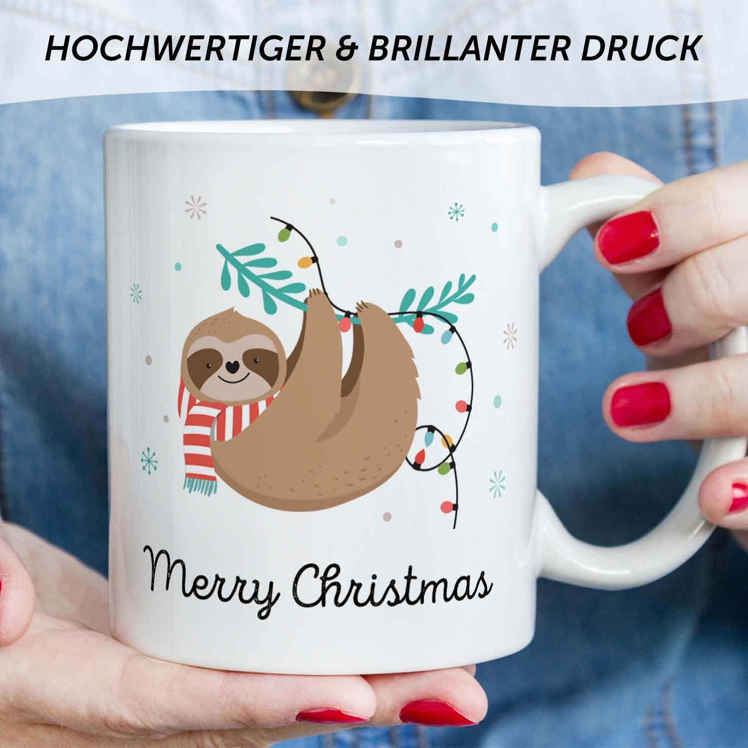 GRAVURZEILE Tasse mit Weihnachtsmotiv Geschenke Christmas Merry Männer - Spülmaschinenfest Weihnachten, Weiß - & Frauen - Faultier zu für