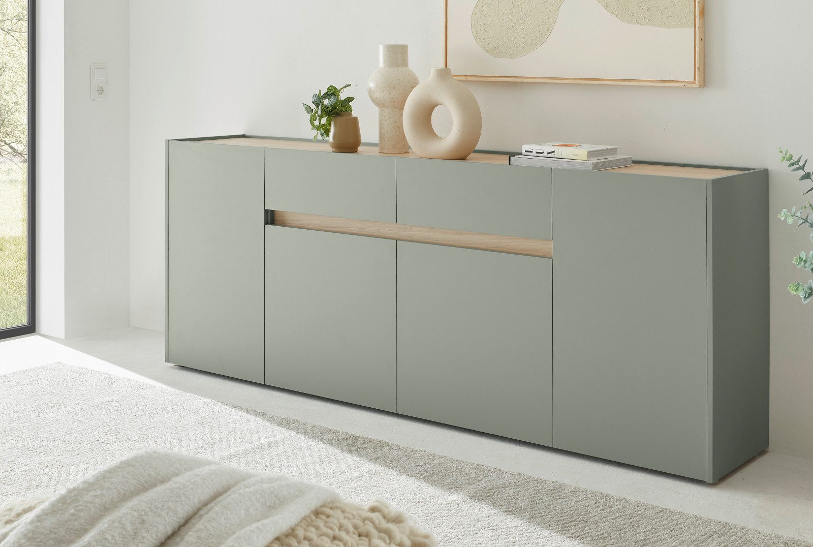Furn.Design Sideboard Center (große Kommode in Salbei Grün mit Eiche, 4-türig, 223 x 87 cm), mit 8 Fächern und 2 Schubladen – Bild 3 von 5