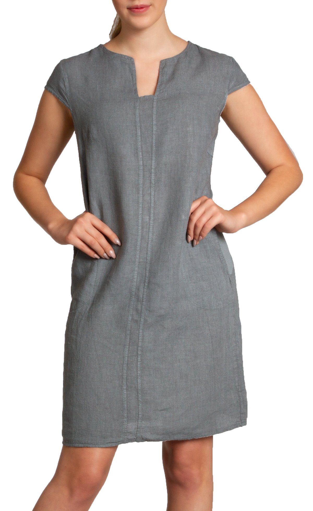 Caspar Sommerkleid Caspar SKL036 Damen Sommer Leinenkleid mit ausgefallenem Ausschnitt Luftig leicht, figurumspielende Form, mit seitlichem Jersey-Einsatz