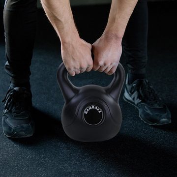 RAMROXX Kettlebell 20 kg Profi Kettlebell Kugelhantel Schwunghantel Schwarz, Durch die PE Ummantelung besonders bodenschonend