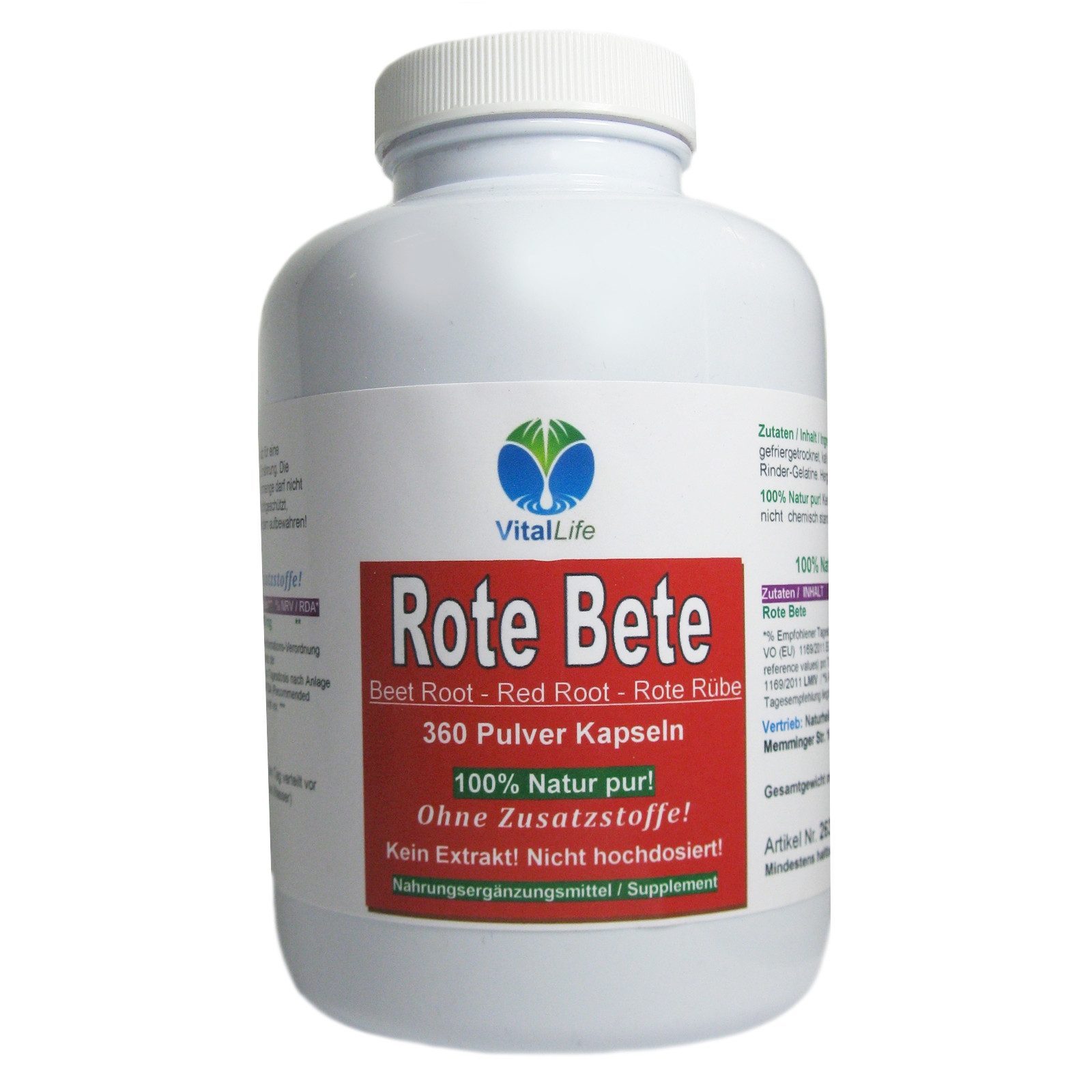 VitalLife Rote Beete Bete Beetroot. Reich an Eisen & Folsäure. NATUR PUR Kapseln, 1 er Dose à 360 St., 180 g