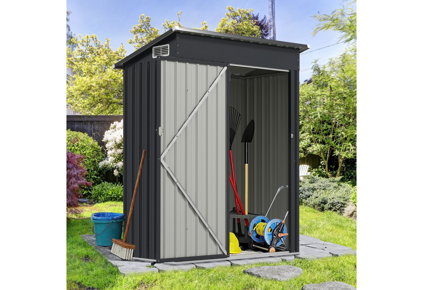 Thumbnail - KOMFOTTEU Gerätehaus, Gartenhütte mit Pultdach, Schiebetür & Lüftungsfenster