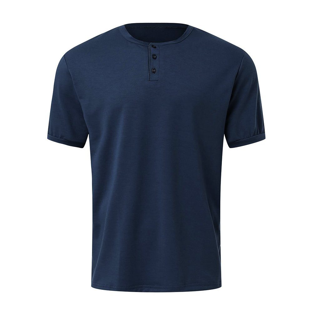 Knopf Herren Einfarbig Hemden Shirt Tops Marineblau Rundhals Basic Slim-Fit Sportshirits Kurzarm Sommer Lapastyle Oberteile T-Shirts Henleyshirt