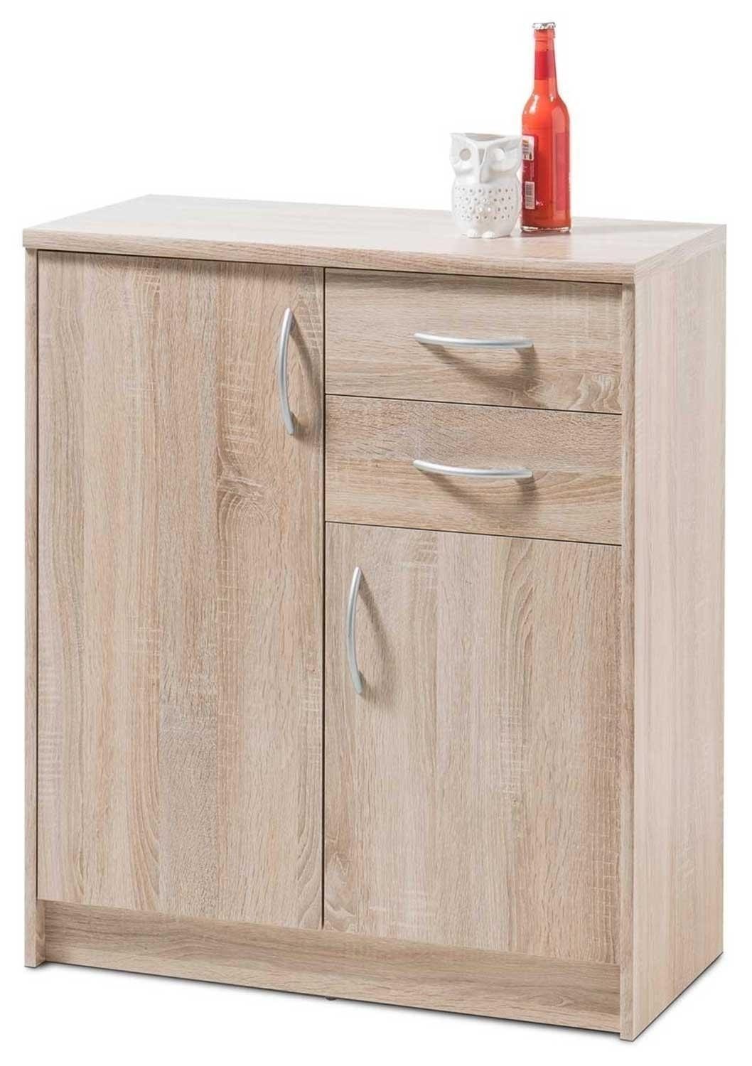 Kommode OPTIMUS, B 74 x H 86 cm, Eiche Sonoma Dekor, mit 2 Türen, 2 Schubladen und 3 Einlegeböden