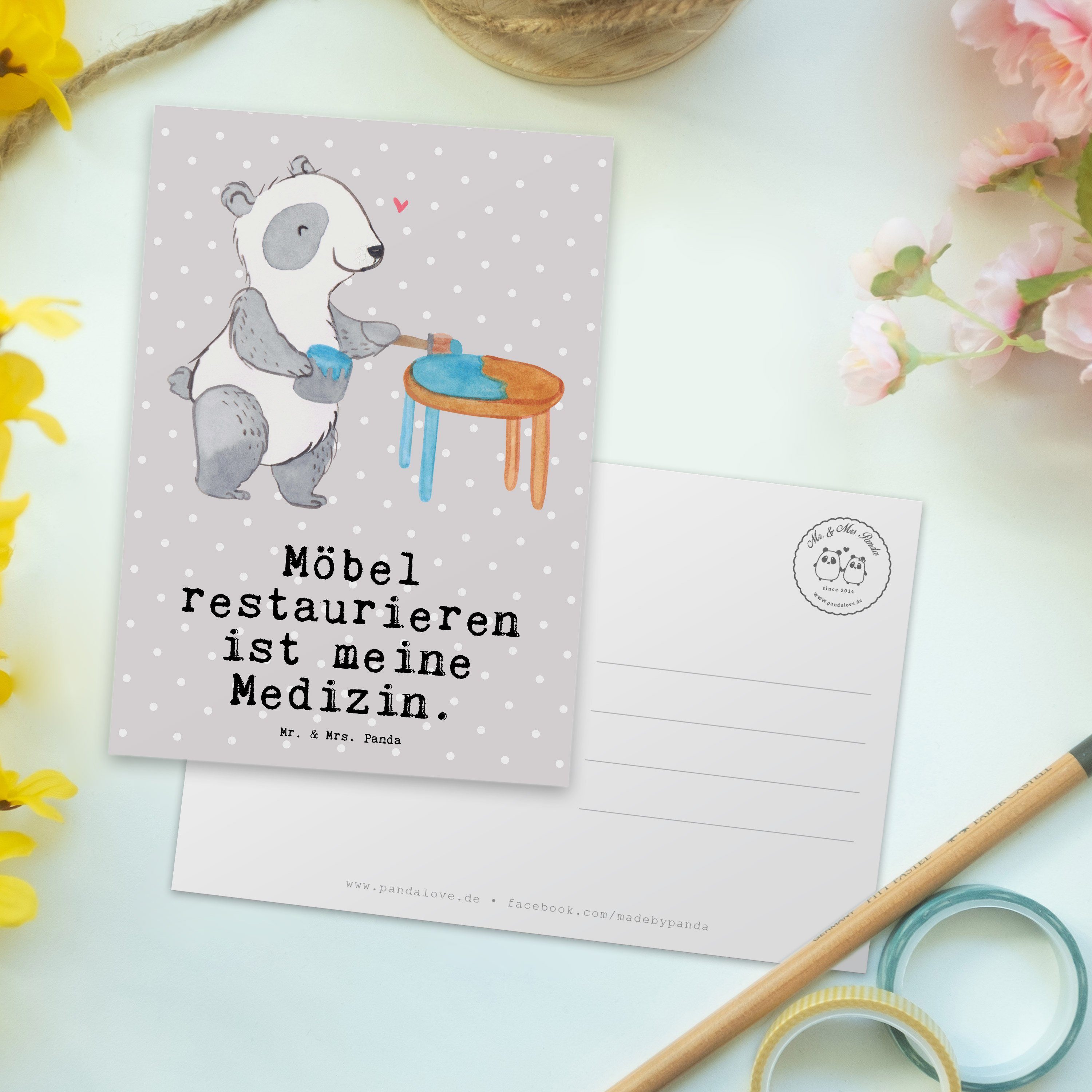 Postkarte Mrs. - Pastell Grau Mr. Ei Panda Hobby, - & Geschenk, restaurieren Möbel Panda Medizin