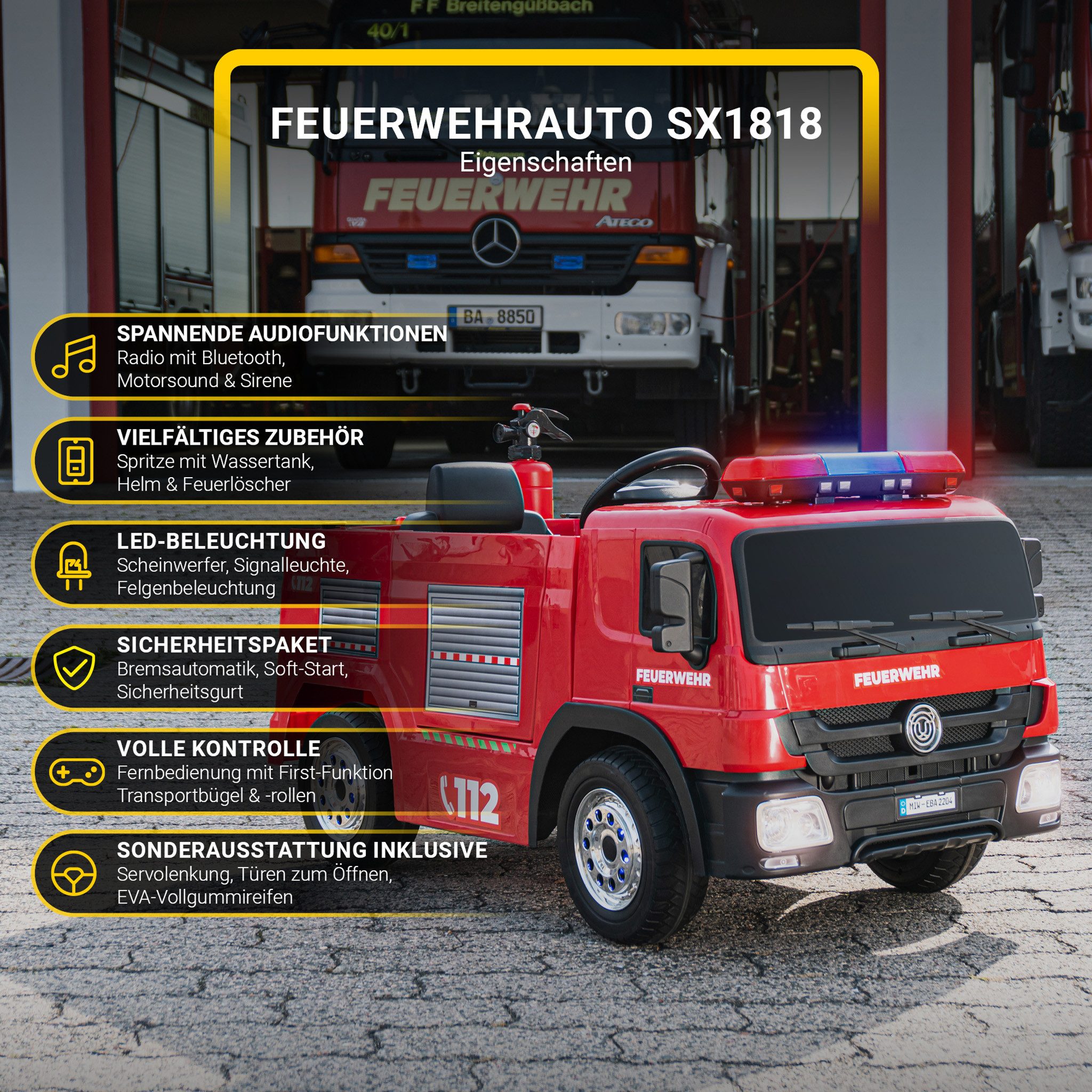 Actionbikes Motors Elektro-Kinderauto Kinder Auto Feuerwehr SX1818 Elektro - Fernbedienung - Wasserspritze, Belastbarkeit 40 kg, (4-tlg), Kinder Fahrzeug Spielzeug ab 3 Jahre elektrisch - Sirene & Bluetooth
