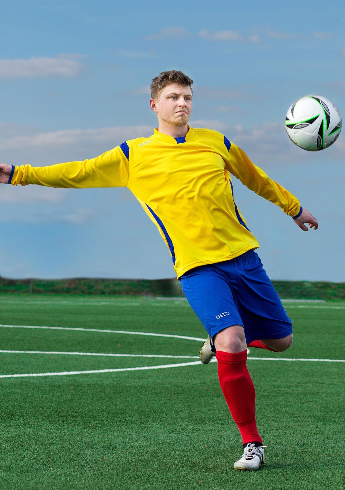 Fußball zweifarbig langarm Sportswear Geco Levante Geco gelb/blau Fußballtrikot Trikot