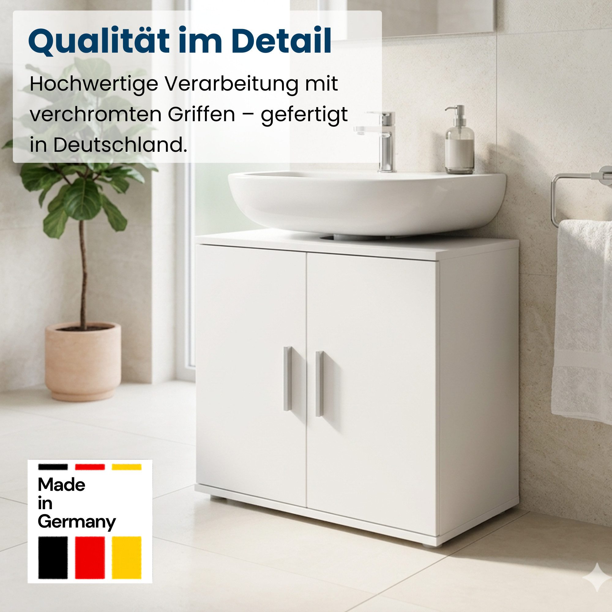 Home Collective Waschbeckenunterschrank Badezimmerschrank Badschrank Badmöbel mit 2 Türen, Made in Germany Badunterschrank mit herausnehmbarem Einlegeboden Weiß – Bild 4 von 5
