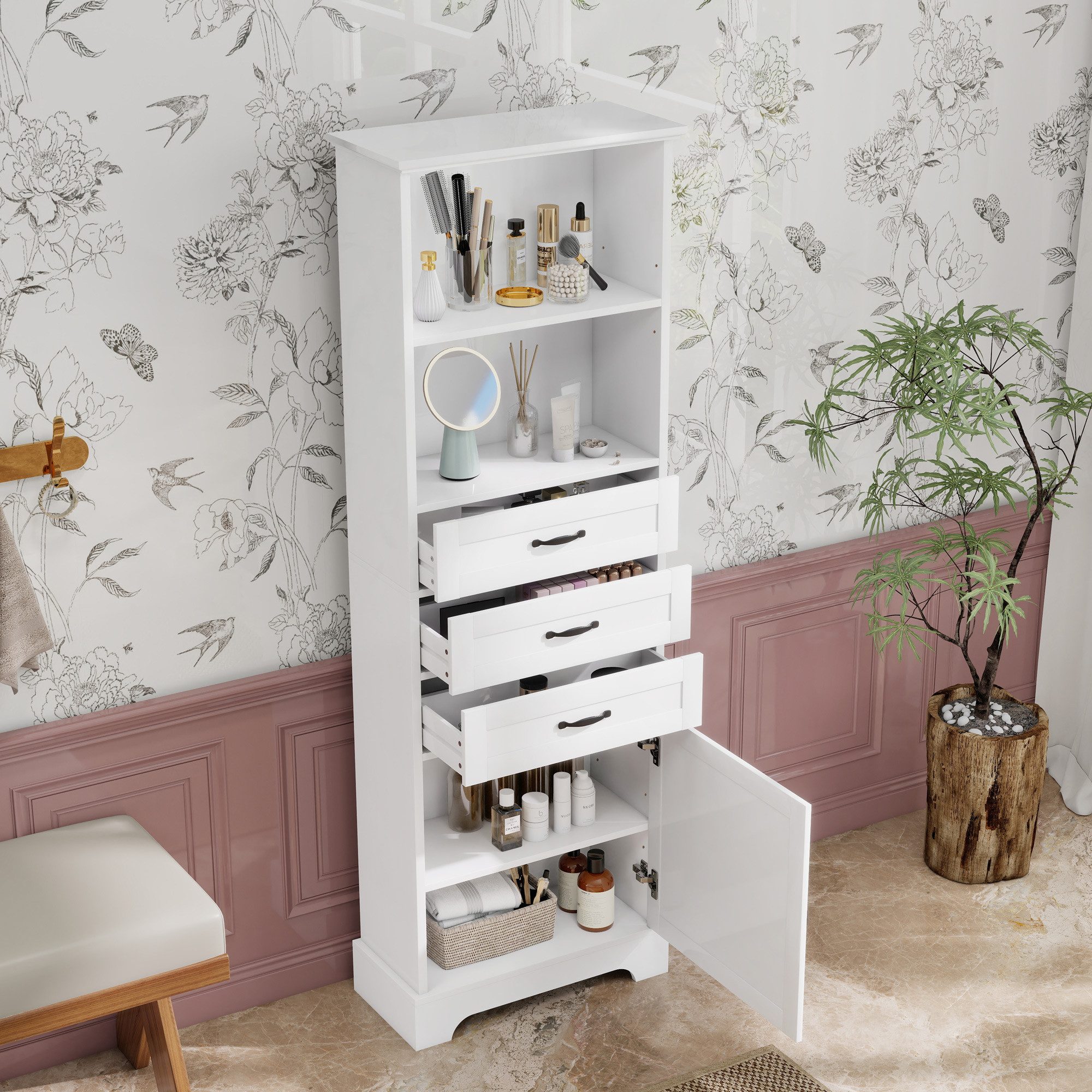 Flieks Badkommode Badezimmerschrank mit 3 Schubladen und 4 Ablageflächen (1 St., 56x25,6x167 cm), Hochschrank Mehrzweckschrank mit verstellbaren Einlegeböden Weiß
