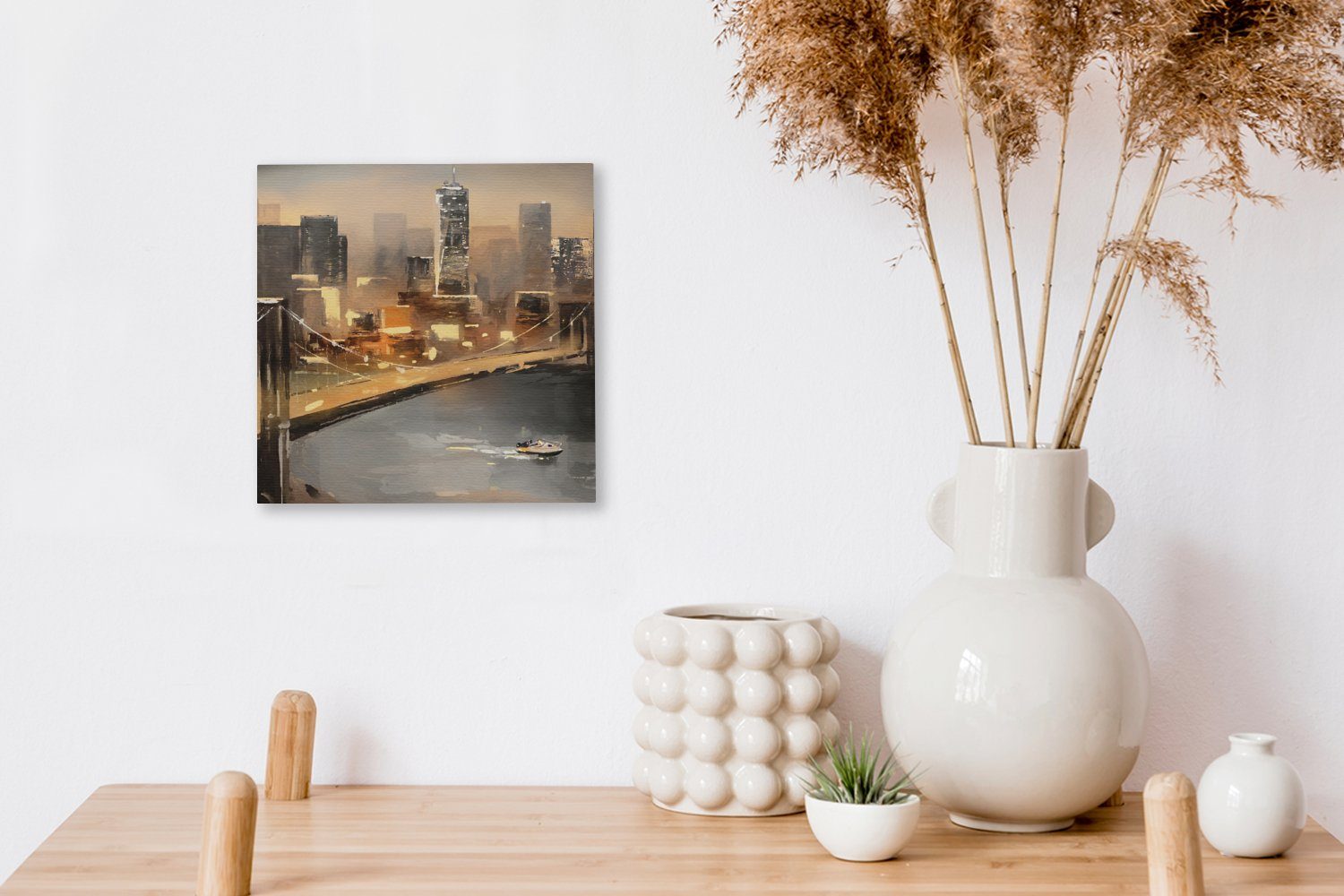 OneMillionCanvasses® Gemälde Skyline Schlafzimmer (1 Wasser, St), Öl für - - - Gemälde - Wohnzimmer Bilder Leinwand Stadt
