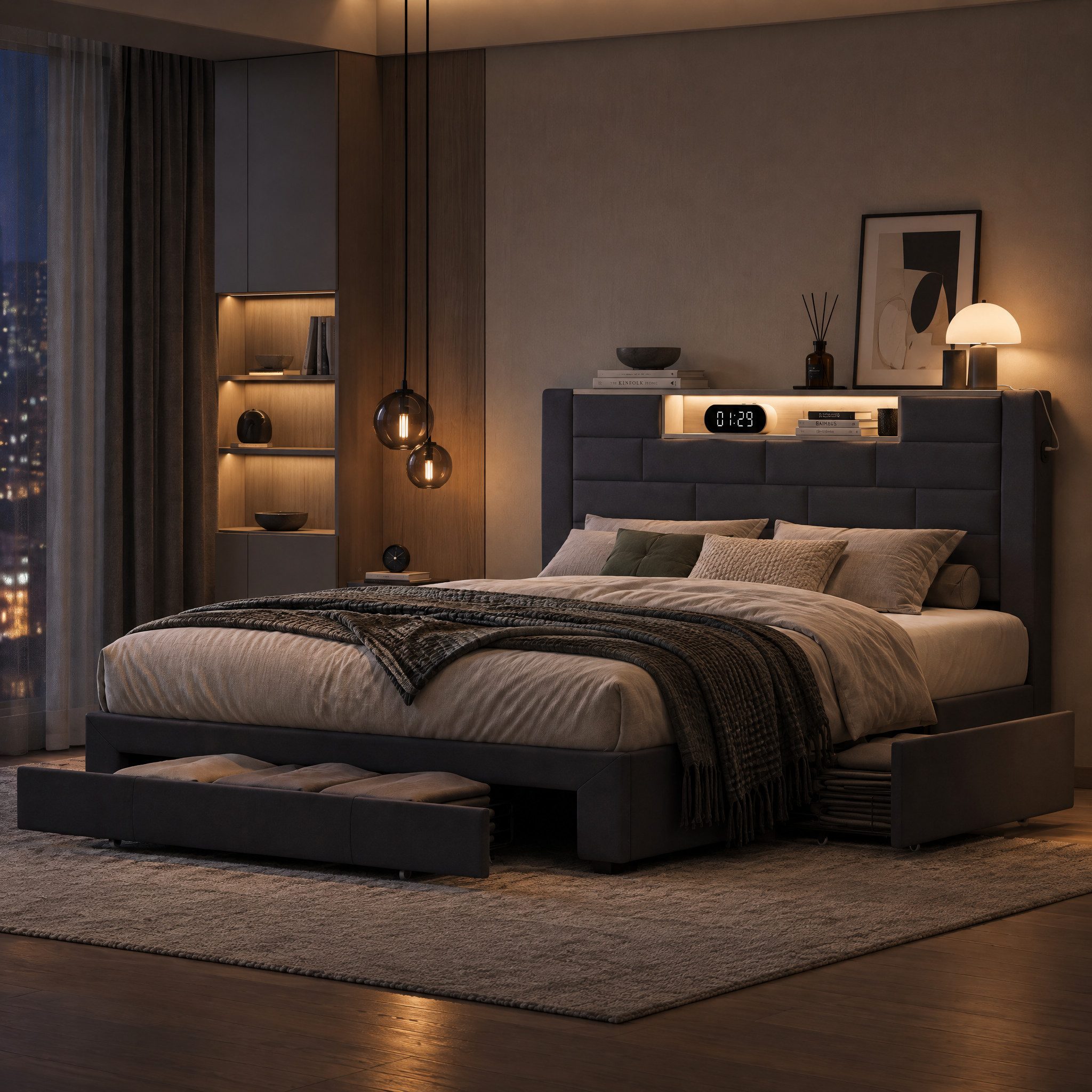 Simurq Polsterbett LED Bett Doppelbett 140x200 cm mit USB Ladefunktion und 3 Schubladen (1-tlg., Samt Polsterbett Mit Lattenrost), Stauraumbett Leises Design Bettgestell