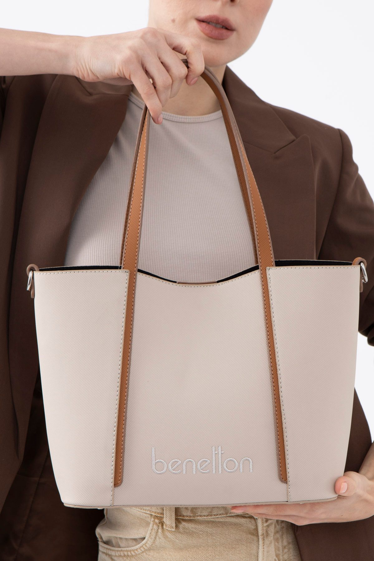 United Colors of Benetton Shopper 2-in-1 Damen Schultertasche & Umhängetasche – Shopping Bag Uni (mit abnehmbarem Gurt), große Handtasche für Reisen, Arbeit, Shoppen und Alltag