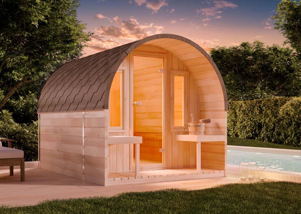 FinnTherm Fasssauna ScandiPod Premium, BxTxH: 210 x 286 x 210 cm, 42 mm, in Braun (Thermoholz) Mit 2 Fenstern