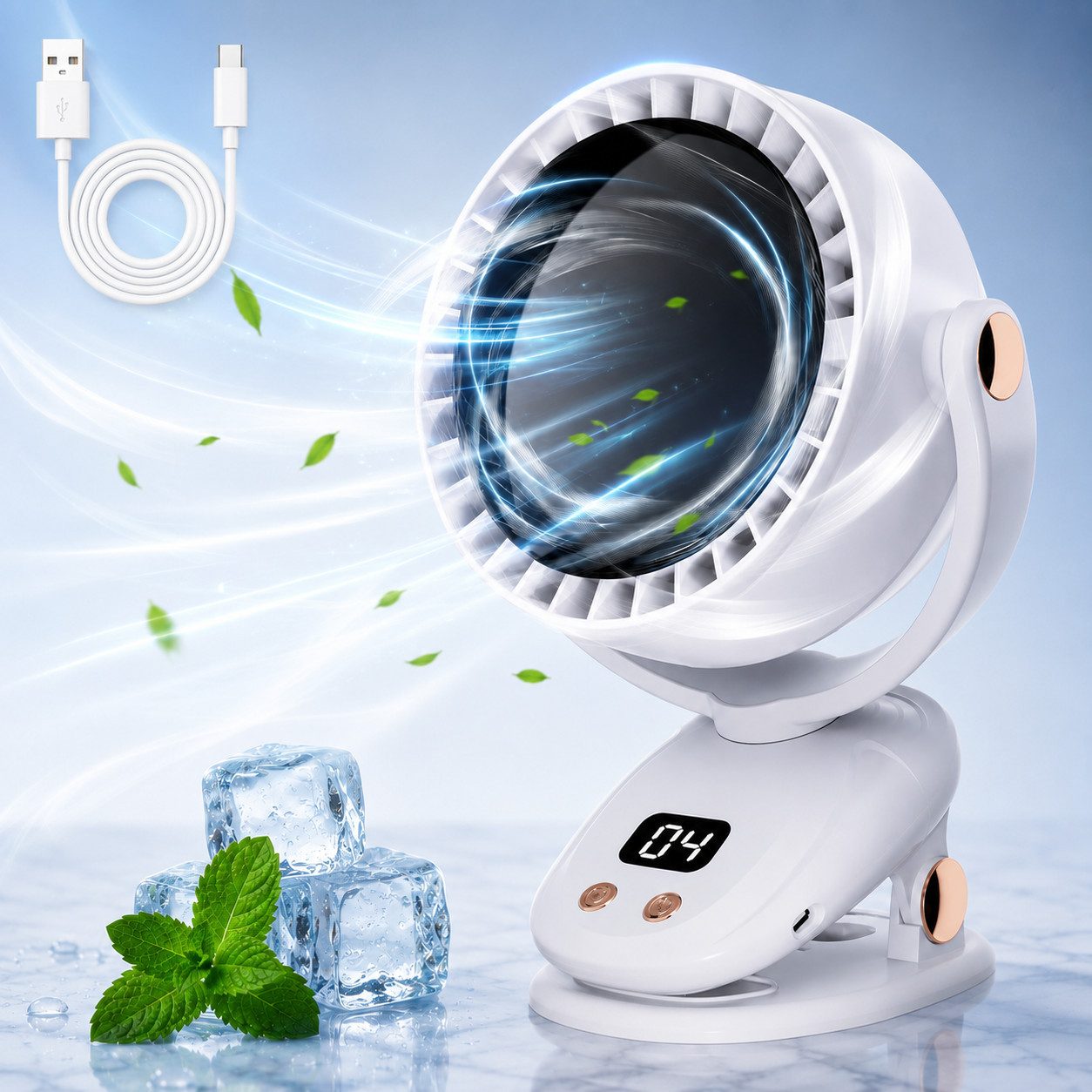 MOPUEA Akku-Standventilator Rotorloser Klemmventilator 6 Stufen Akku Schwenkbar mit Display, 180° Autoswing, multifunktionaler, leiser Tischventilator für Büro