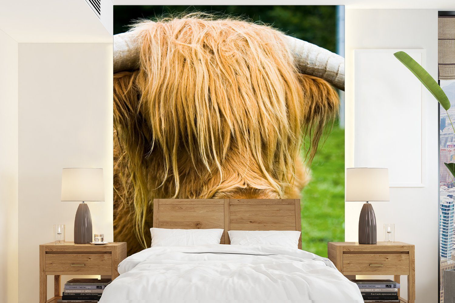 MuchoWow Fototapete Schottischer Highlander - Gras - Fell - Tiere - Kuh, Matt, bedruckt, (4 St), Montagefertig Vinyl Tapete für Wohnzimmer, Wandtapete