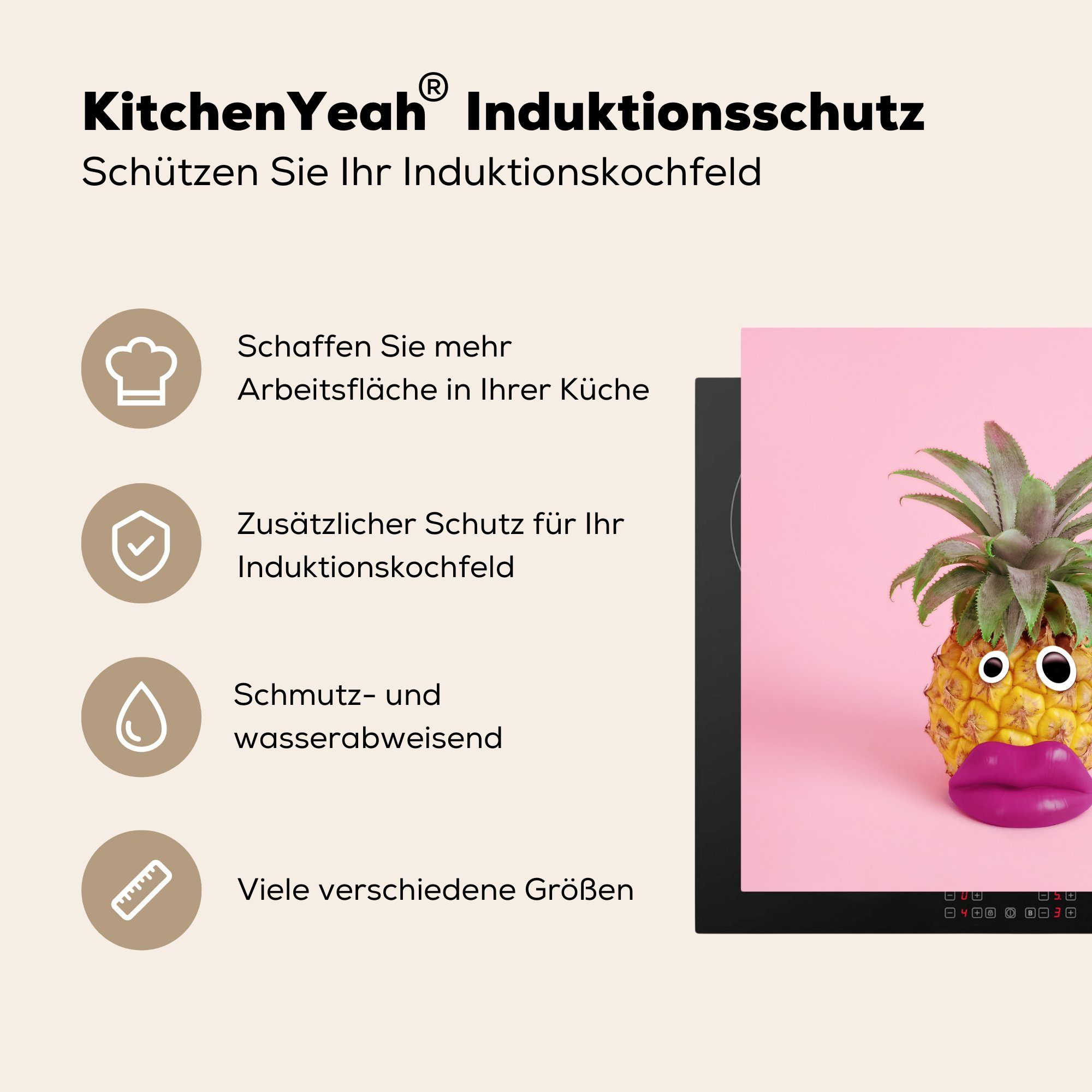 MuchoWow Herdblende-/Abdeckplatte und mit 78x78 cm, Arbeitsplatte falschen tlg), Gesicht Vinyl, Lippen Kulleraugen, für Ceranfeldabdeckung, (1 küche Ananas aus