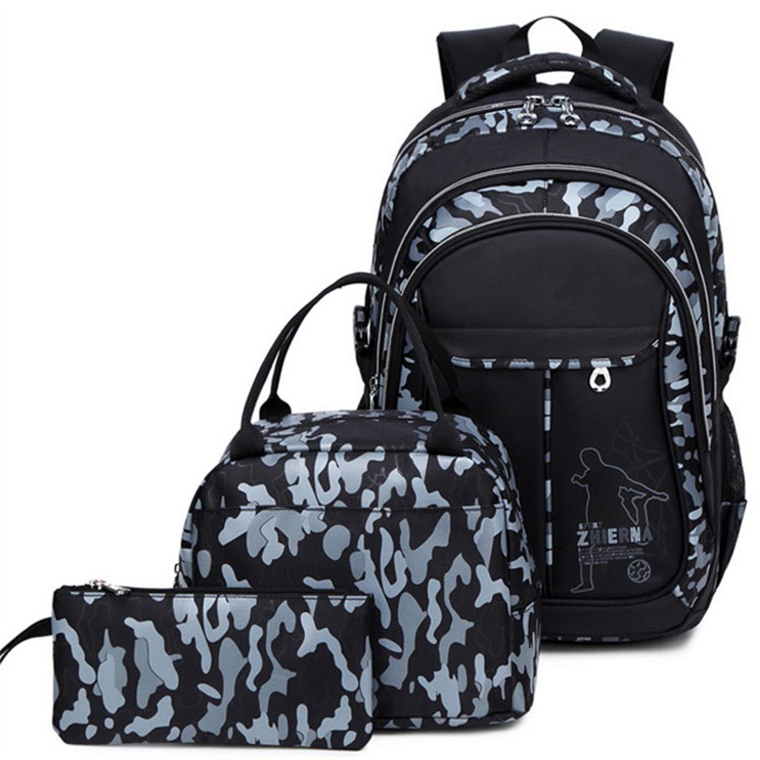 DÖRÖY Schulrucksack Student Backpack 3 Stück Set, Kinder Camouflage gedruckt Schulranzen Grau