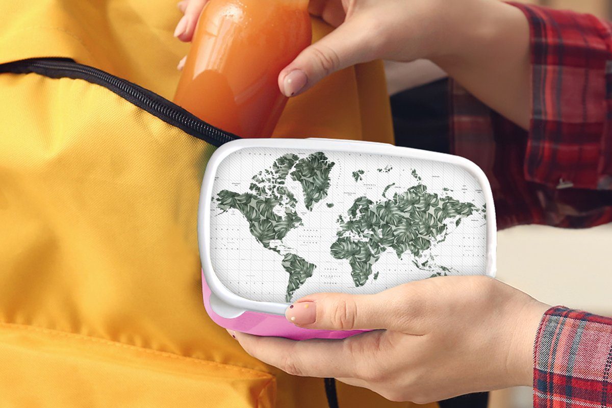 MuchoWow Lunchbox Weltkarte - (2-tlg), für - Kunststoff, Snackbox, Kinder, Brotdose Tropisch, Blätter Erwachsene, rosa Kunststoff Brotbox Mädchen