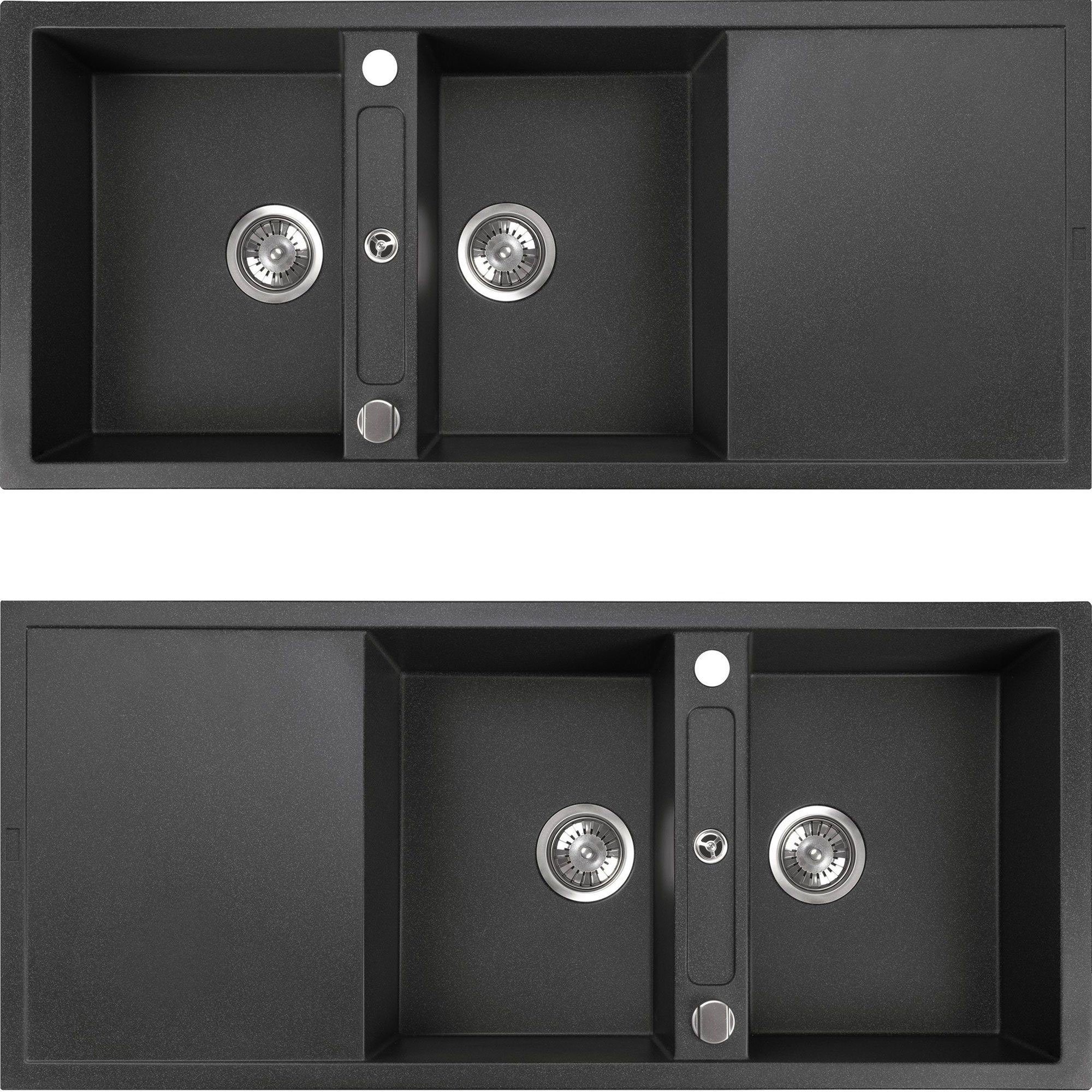 Homeline Granitspüle Doppel Granitspüle Küchenspüle SQ 1160x510 08, Eckig, 116/51 cm, Hahnloch Granitspüle, (Spar Set, Exenterbetätigung), Wechselseitig Einbau möglich Granitspüle
