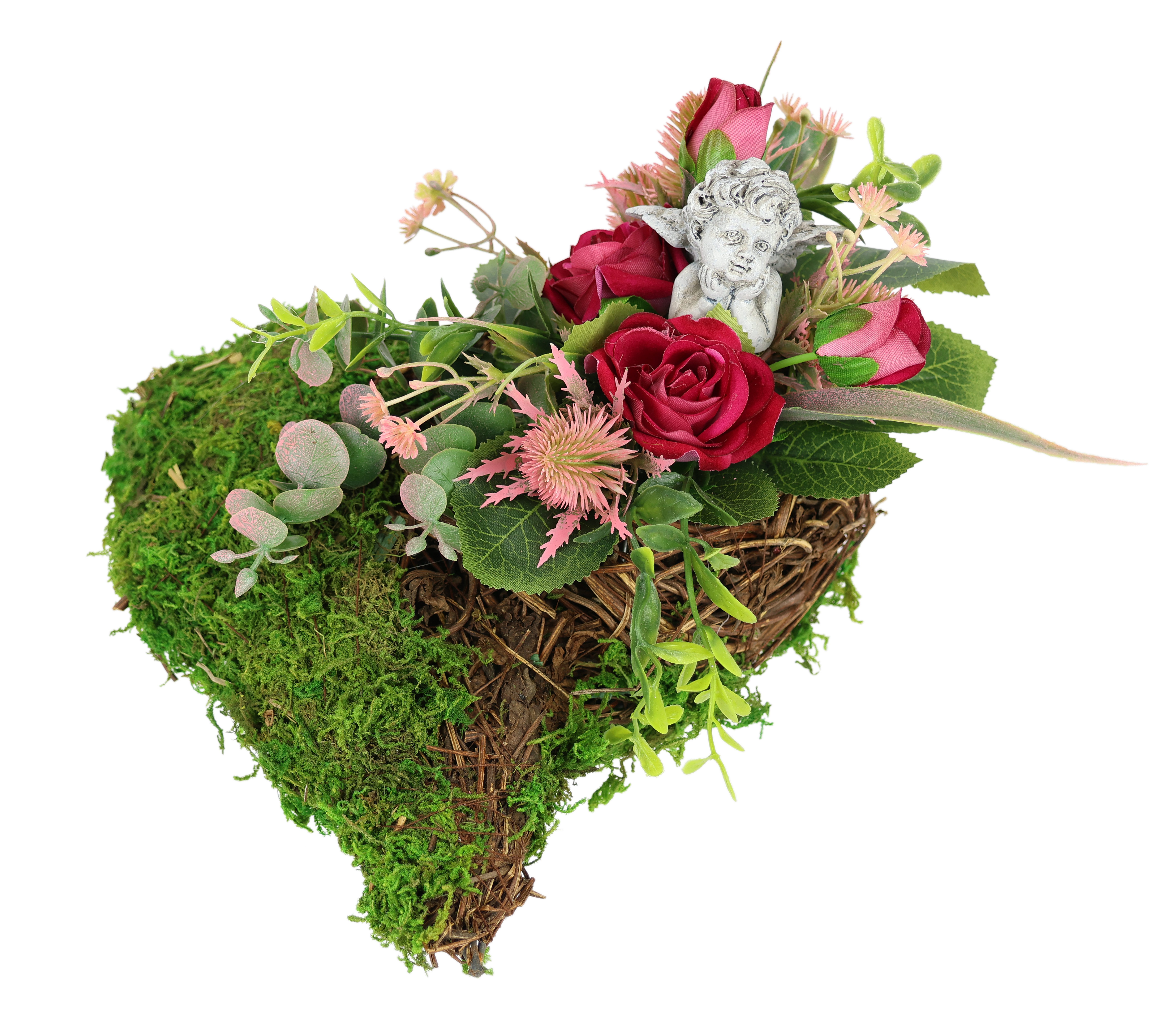 Kunstblume Kunstblumen-Gesteck mit Rosen und Engel auf Pflanz-Herz, OTTO home, Höhe 14 cm, Dekoratives Herzgesteck mit Rosenblüten und Engelfigur