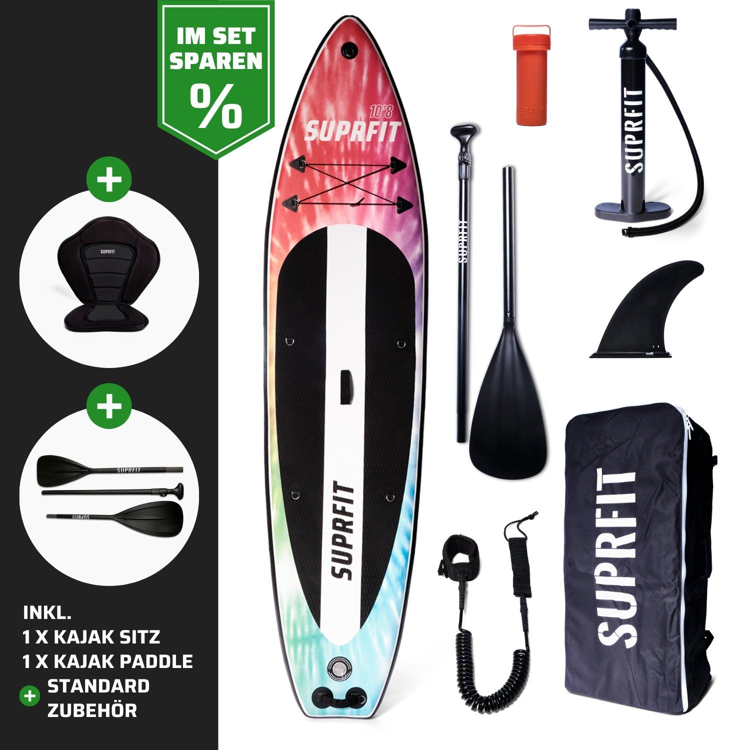 SF SUPRFIT Inflatable SUP-Board SUP Board Set Batik inkl. Sitz und Kajak  Paddle, Touring, Stand Up Paddling Set mit Kayak Sitz und 4-teiliges Paddel