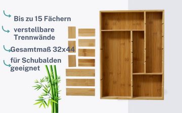 elbmöbel Besteckeinsatz Bambus Organizer verstellbare Trennwände Besteckkasten 15-Fächer 32x44x5cm für Schublade, passend für Schubladen, individuell einsetzbar