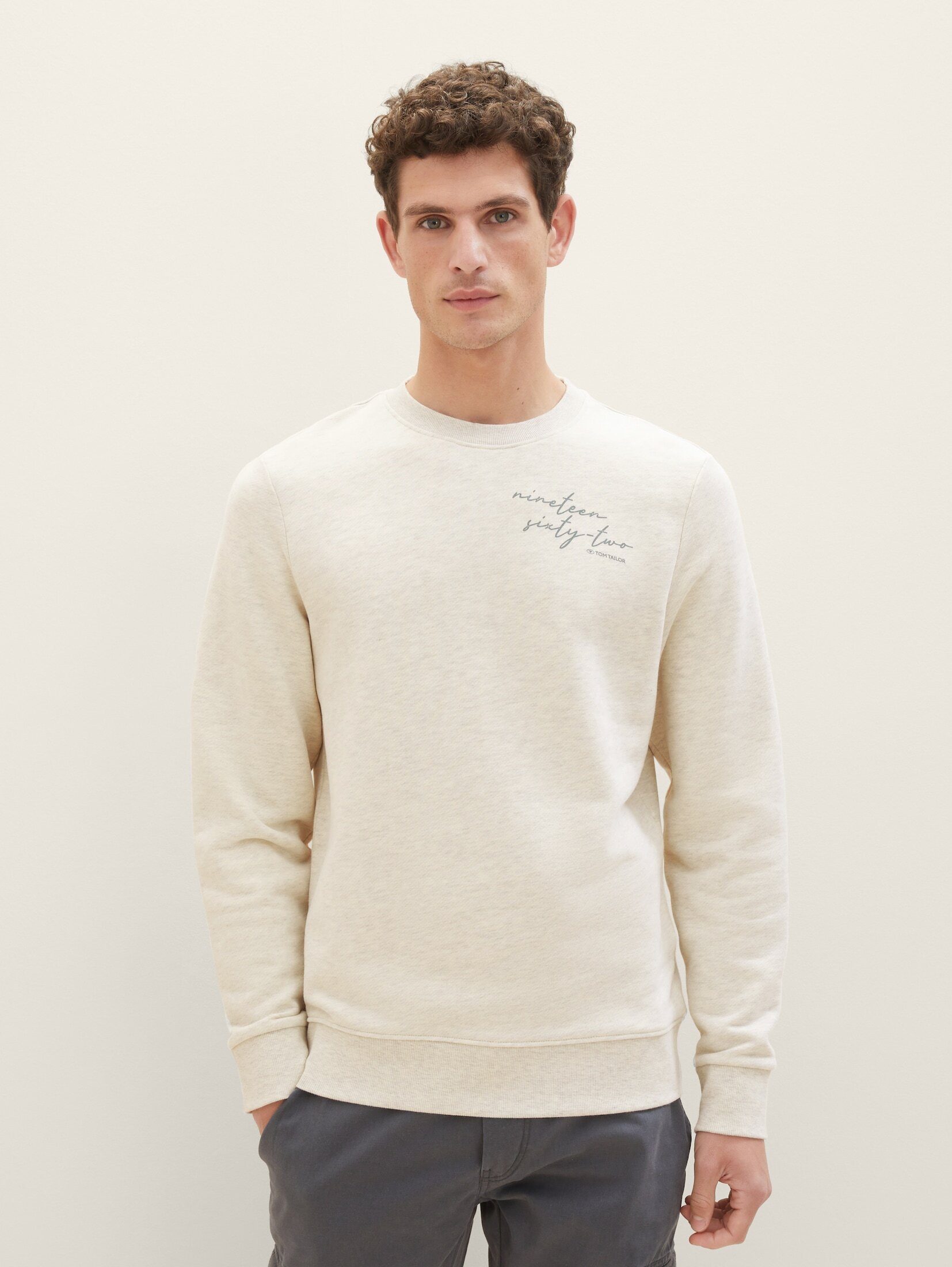 TOM TAILOR Hoodie Sweatshirt mit Print vintage beige melange
