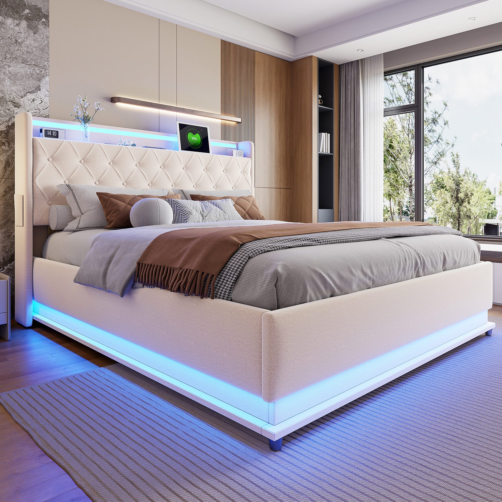 Merax Polsterbett mit LED-Beleuchtung & USB-Ladeanschluss (1-tlg., Hydraulisches Stauraumbett Mehrzweckbett Jugendbett), Doppelbett 160x200cm mit hydraulischem  – Bild 3 von 5