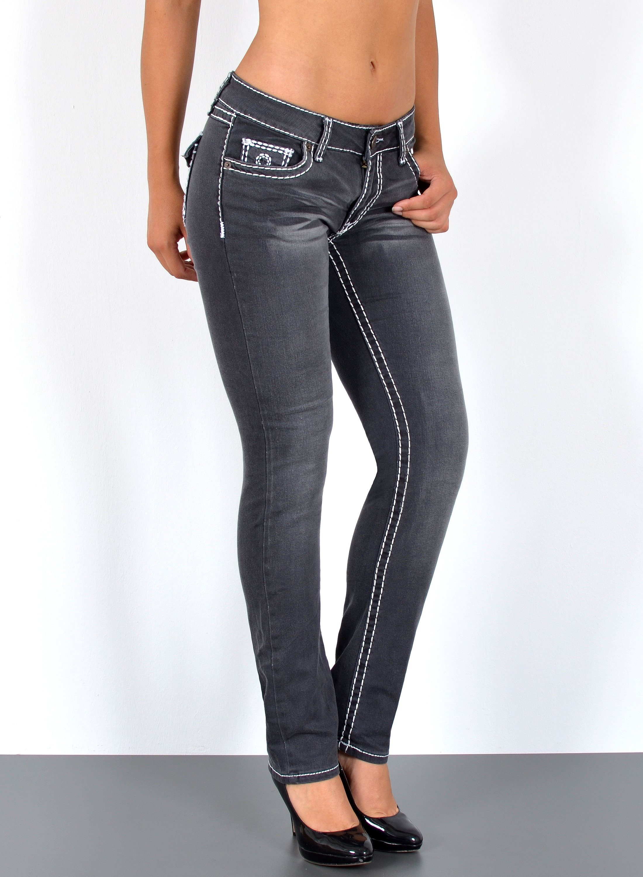 ESRA Straight-Jeans J540 Damen Straight Fit Jeans Hose mit dicker Naht, bis Übergröße / Plussize Große Größe, Straight Leg Jeanshose Hoch-Bund mit Kontrastnähten, Gerade Schnitt Jeans hohe Leibhöhe mit Stretch, Straight Jeans mit weißer Naht hoher Bund, Damen Jeans, Jeans Damen, Damen Jeanshose mit dicken Nähten, Jeans Damen Hose, Gerade Schnitt Jeans Damen, Jeans Damen High Waist Damen Jeans, Straight Fit Jeans Damen