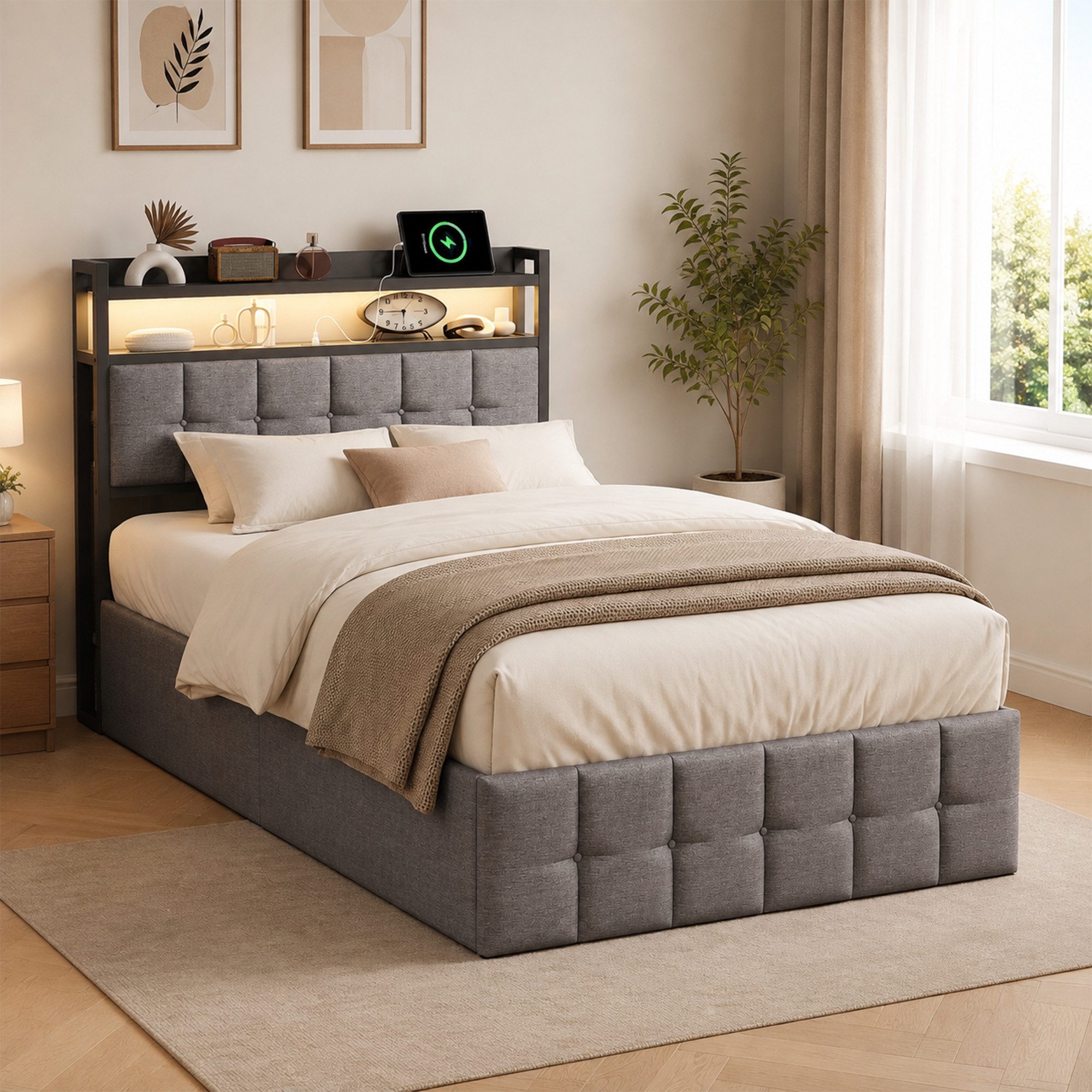 Simurq Stauraumbett Polsterbett 90x200 mit Stauraum, Einzelbett mit Gasdruckfeder (RGB LED, USB & Type-C Anschluss, Stauraum-Kopfteil), Stauraumbett, Bett mit B – Bild 2 von 5